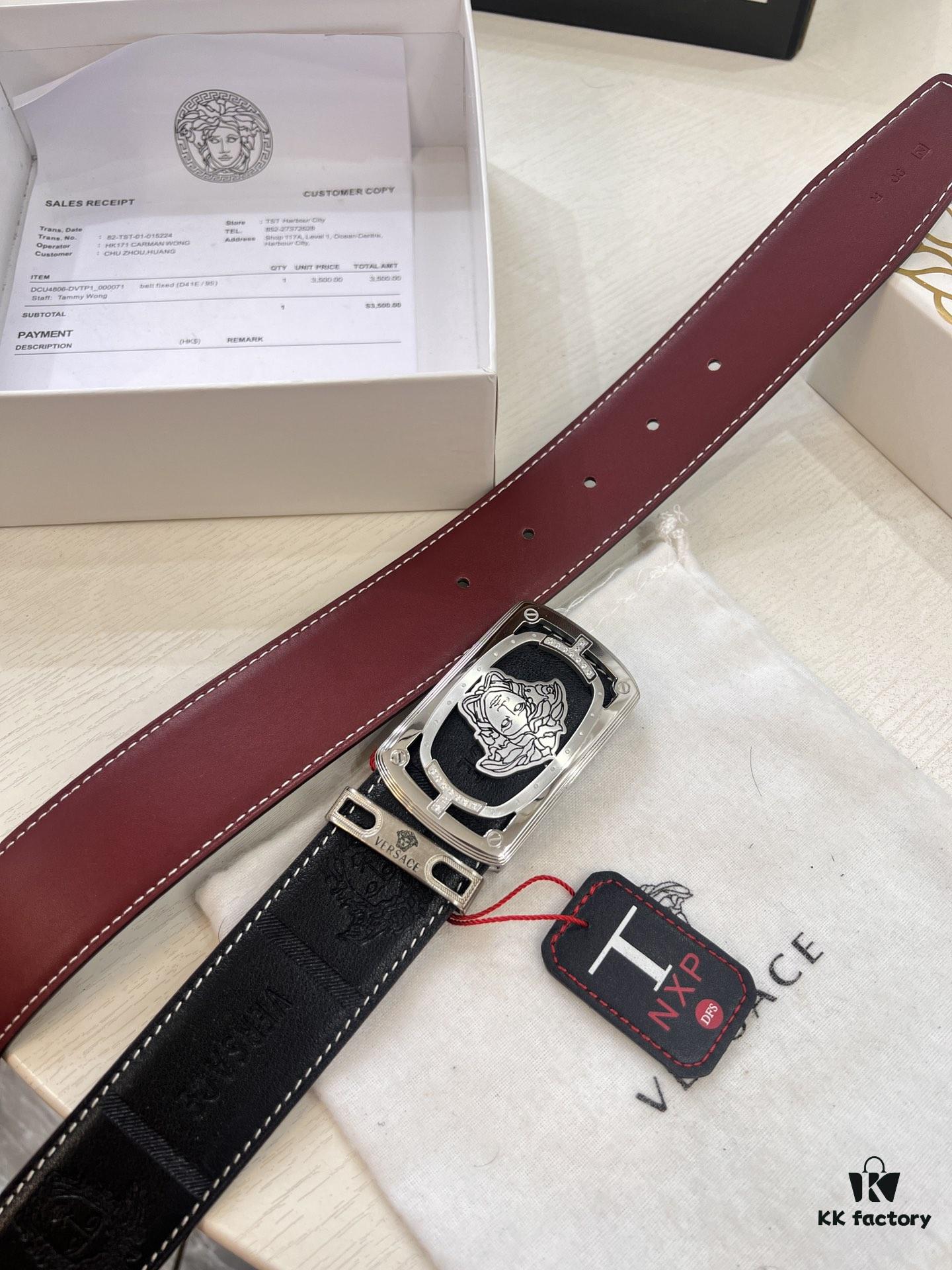 693201ee3a89a121ed550932 Versace Medusa Leather Belt - Original Factory Order, Italian Imported Top Grain Calfskin, Wine Red Plain Weave, 3.8cm Width