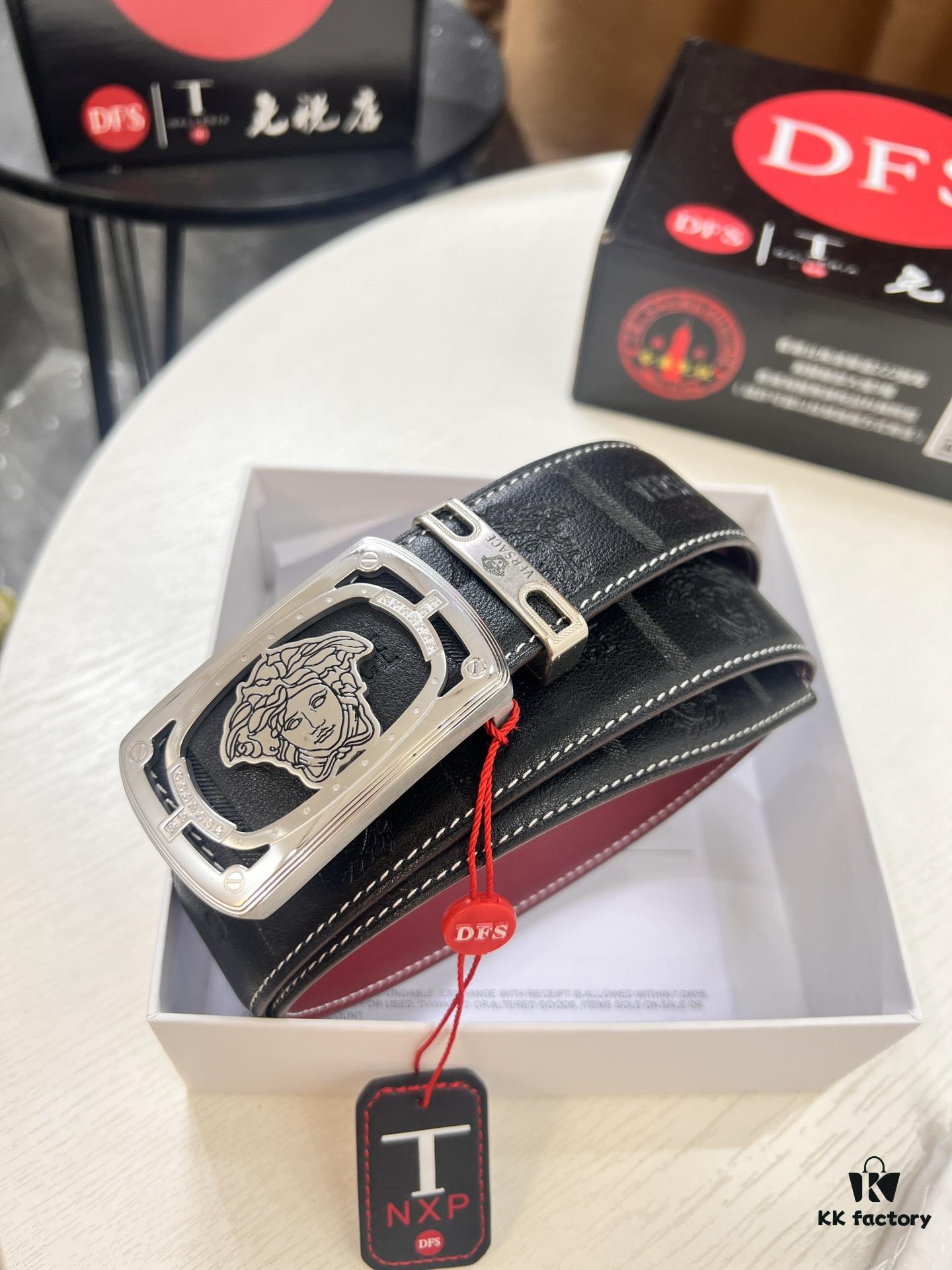 693201ee3a89a121ed550933 Versace Medusa Leather Belt - Original Factory Order, Italian Imported Top Grain Calfskin, Wine Red Plain Weave, 3.8cm Width