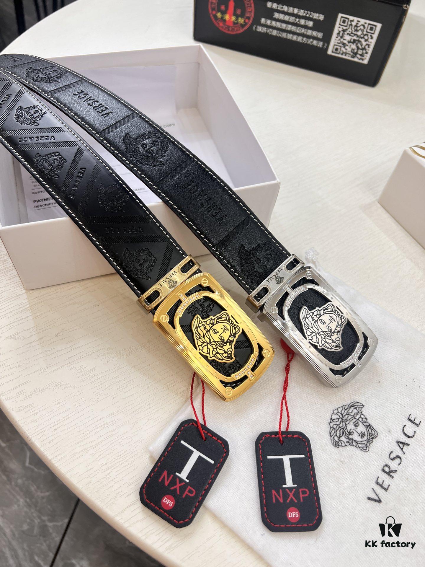 693201ef3a89a121ed550934 Versace Medusa Leather Belt - Original Factory Order, Italian Imported Top Grain Calfskin, Wine Red Plain Weave, 3.8cm Width