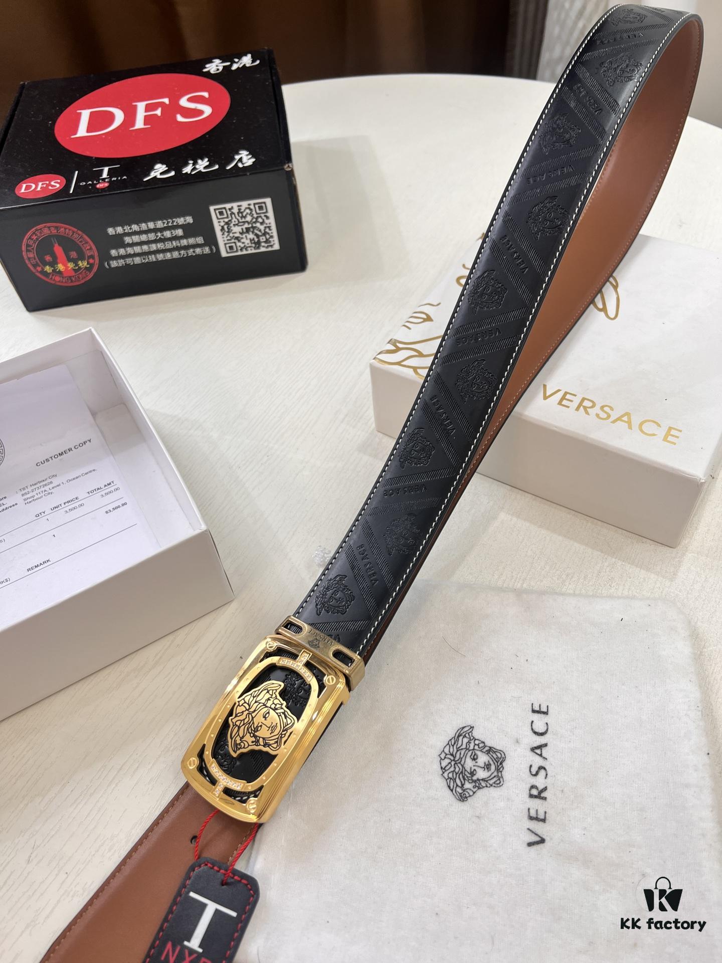 693201ef3a89a121ed550935 Versace Medusa Leather Belt - Original Factory Order, Italian Imported Top Grain Calfskin, Wine Red Plain Weave, 3.8cm Width