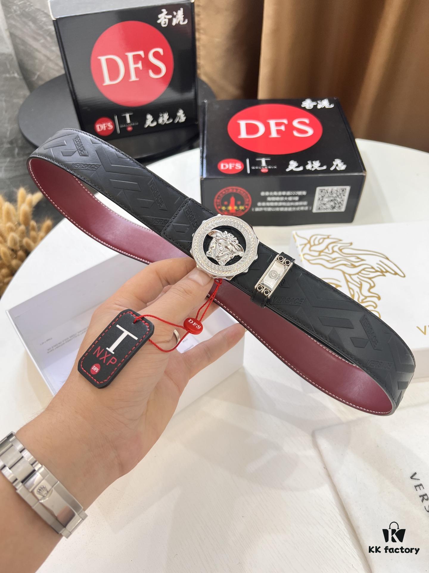 693201f73a89a121ed550936 Versace Medusa Belt - Authentic Original Order, Italian Imported Top Grain Calfskin, Wine Red Plain Texture, 3.8cm Width