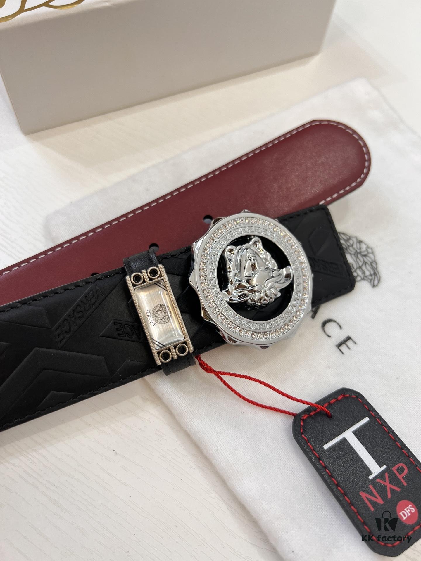 693201f73a89a121ed550939 Versace Medusa Belt - Authentic Original Order, Italian Imported Top Grain Calfskin, Wine Red Plain Texture, 3.8cm Width