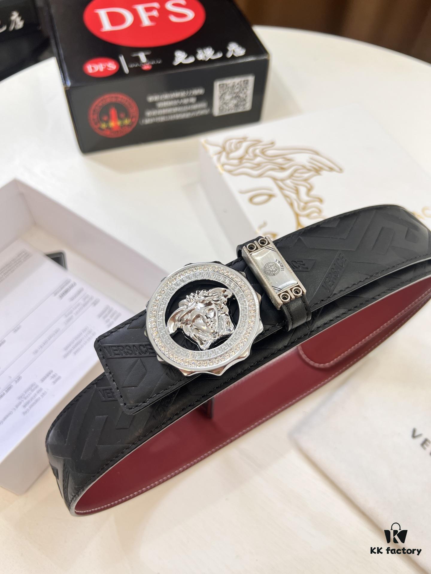 693201f73a89a121ed55093a Versace Medusa Belt - Authentic Original Order, Italian Imported Top Grain Calfskin, Wine Red Plain Texture, 3.8cm Width