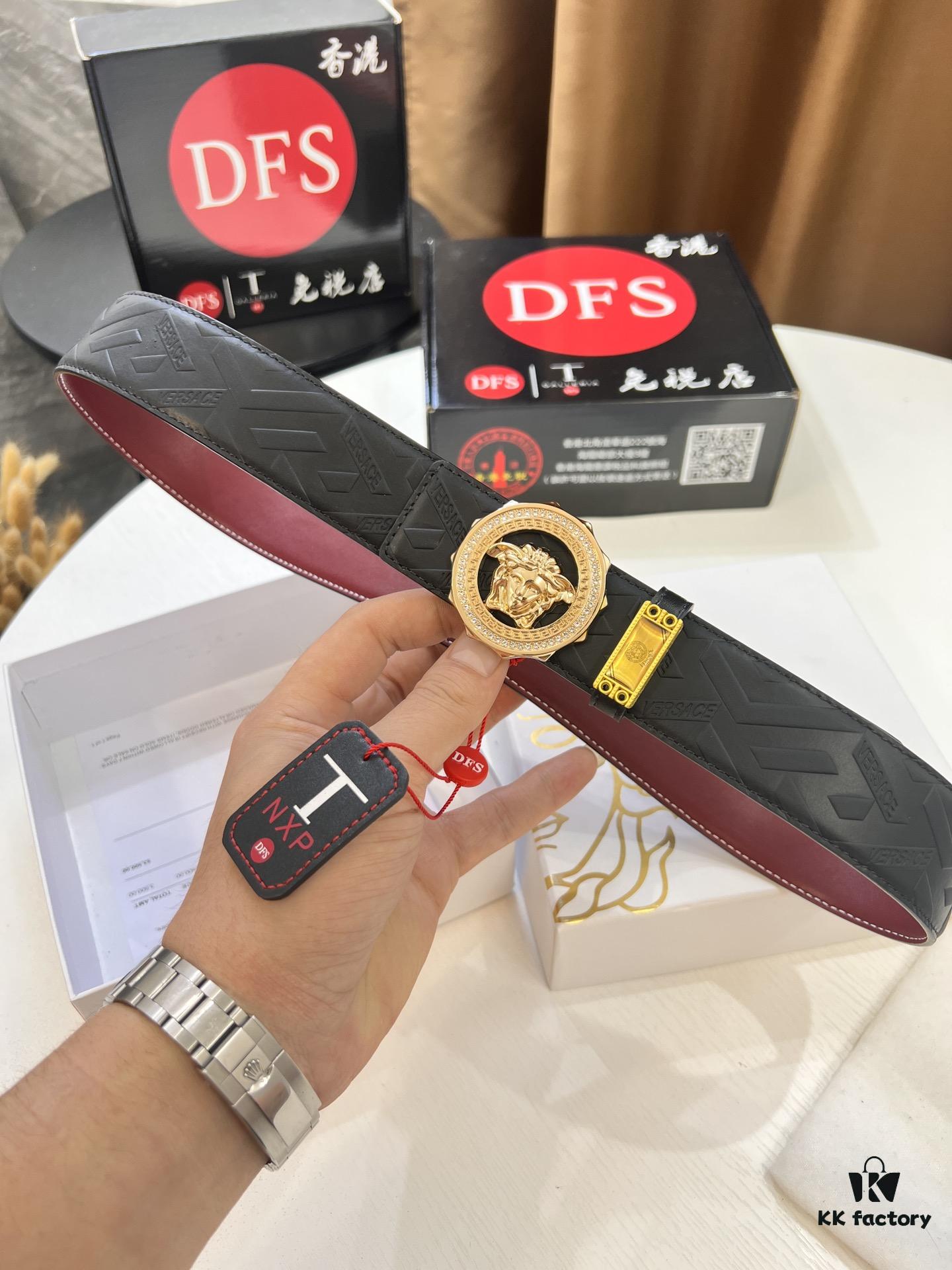 693201f73a89a121ed55093d Versace Medusa Belt - Original Factory Direct, Italian Imported Top Grain Calfskin, Wine Red Plain Texture, 3.8cm Width