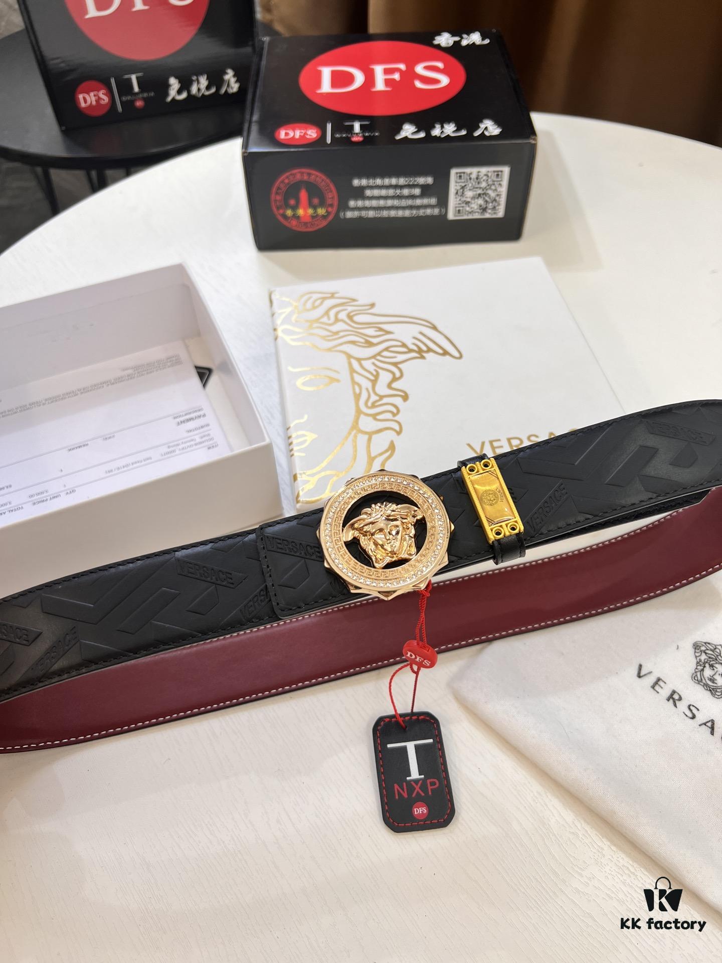693201f73a89a121ed55093e Versace Medusa Belt - Original Factory Direct, Italian Imported Top Grain Calfskin, Wine Red Plain Texture, 3.8cm Width