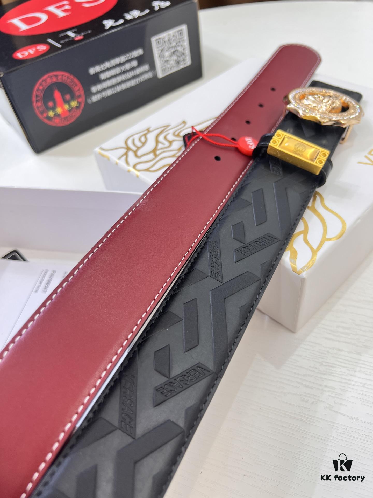 693201f73a89a121ed55093f Versace Medusa Belt - Original Factory Direct, Italian Imported Top Grain Calfskin, Wine Red Plain Texture, 3.8cm Width