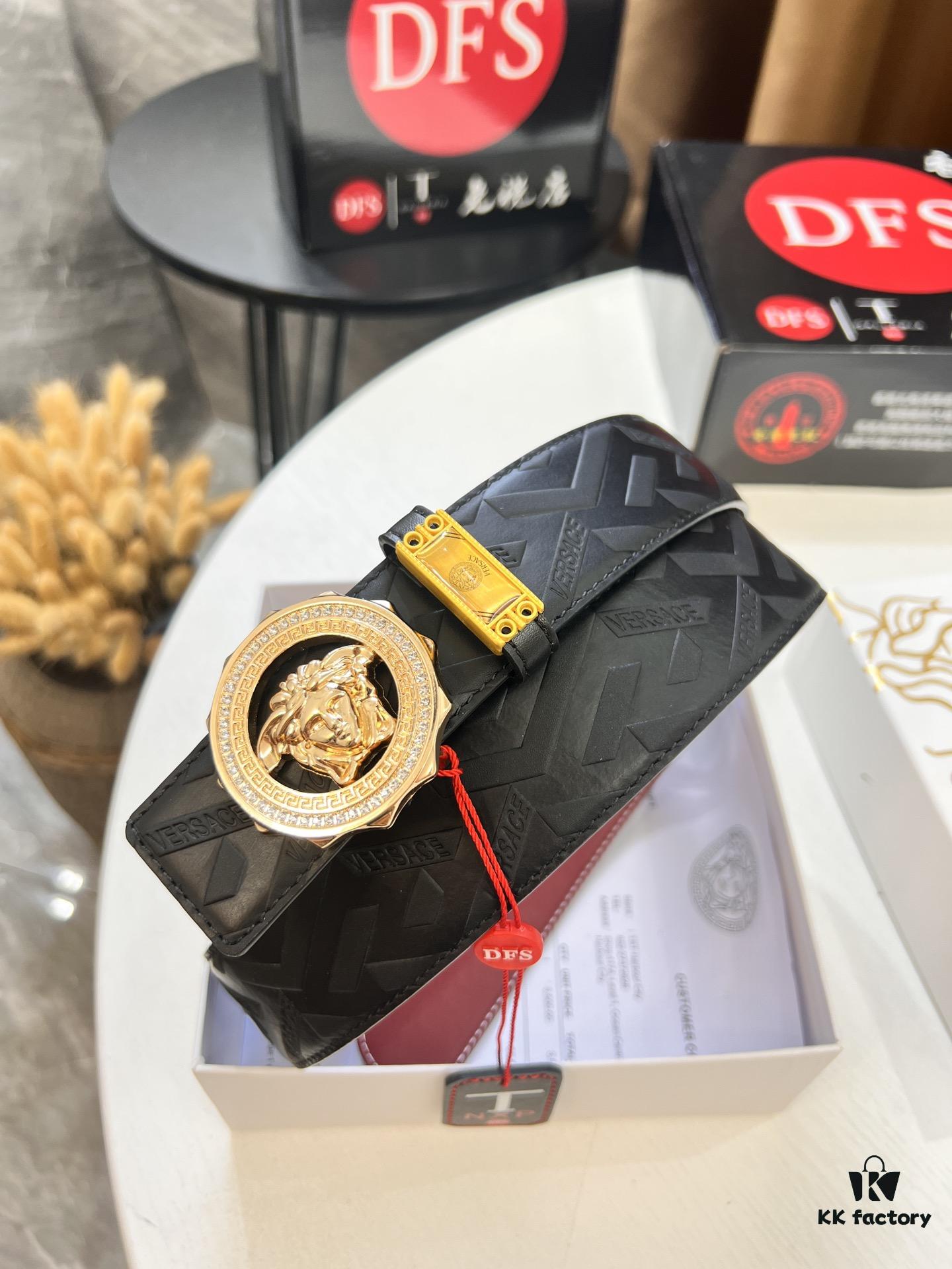 693201f73a89a121ed550940 Versace Medusa Belt - Original Factory Direct, Italian Imported Top Grain Calfskin, Wine Red Plain Texture, 3.8cm Width