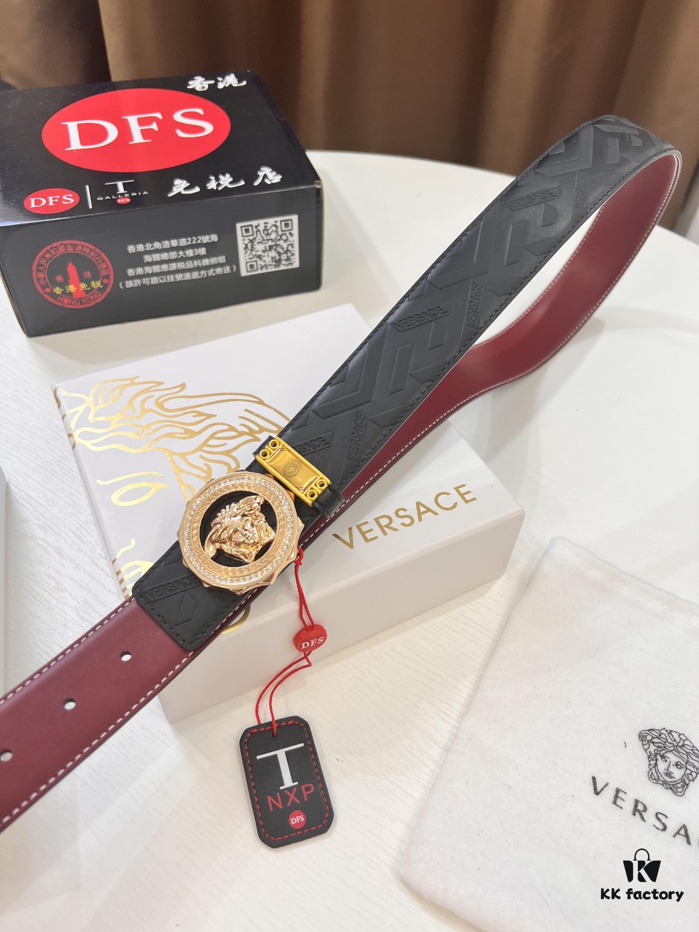 693201f73a89a121ed550941 Versace Medusa Belt - Original Factory Direct, Italian Imported Top Grain Calfskin, Wine Red Plain Texture, 3.8cm Width