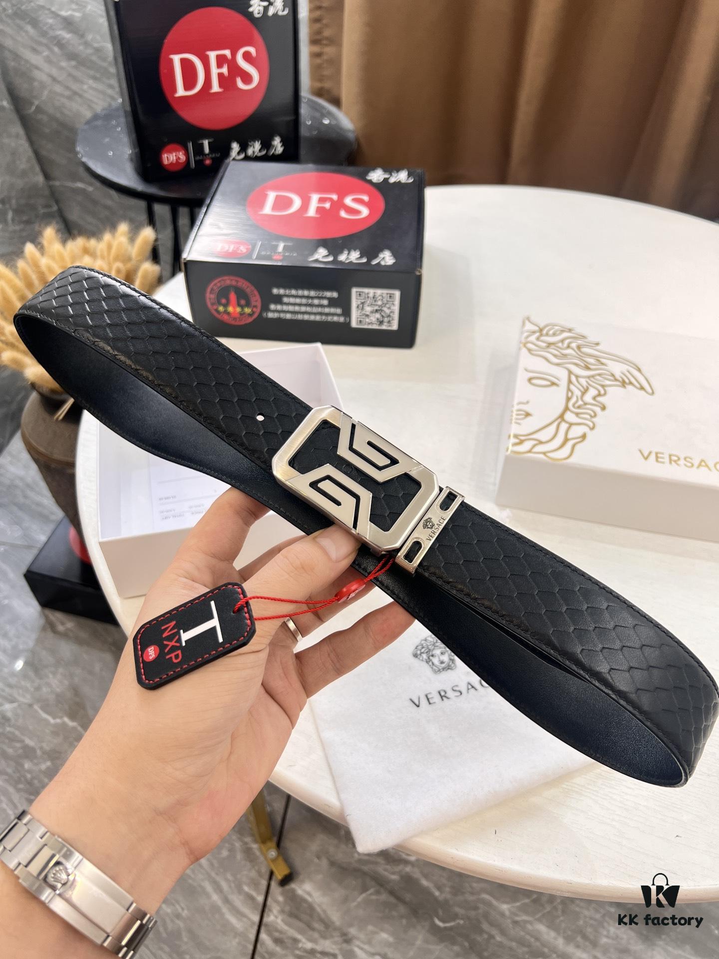 693202063a89a121ed550952 Versace-style Crocodile Grain Top-layer Calfskin Belt, Hollow Stainless Steel Hardware, 3.8cm Width, Dual-sided Wear, Fashion Show Style