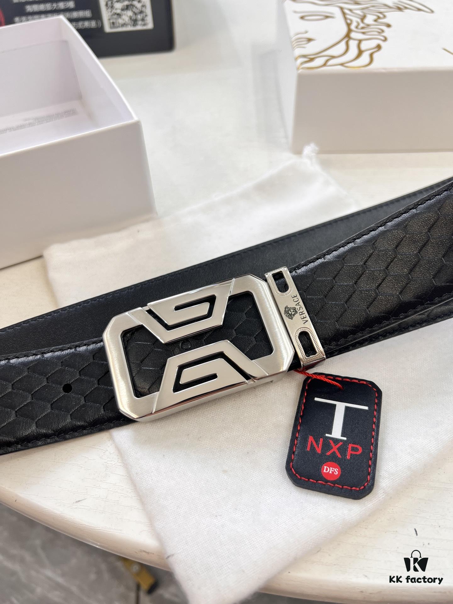693202063a89a121ed550953 Versace-style Crocodile Grain Top-layer Calfskin Belt, Hollow Stainless Steel Hardware, 3.8cm Width, Dual-sided Wear, Fashion Show Style
