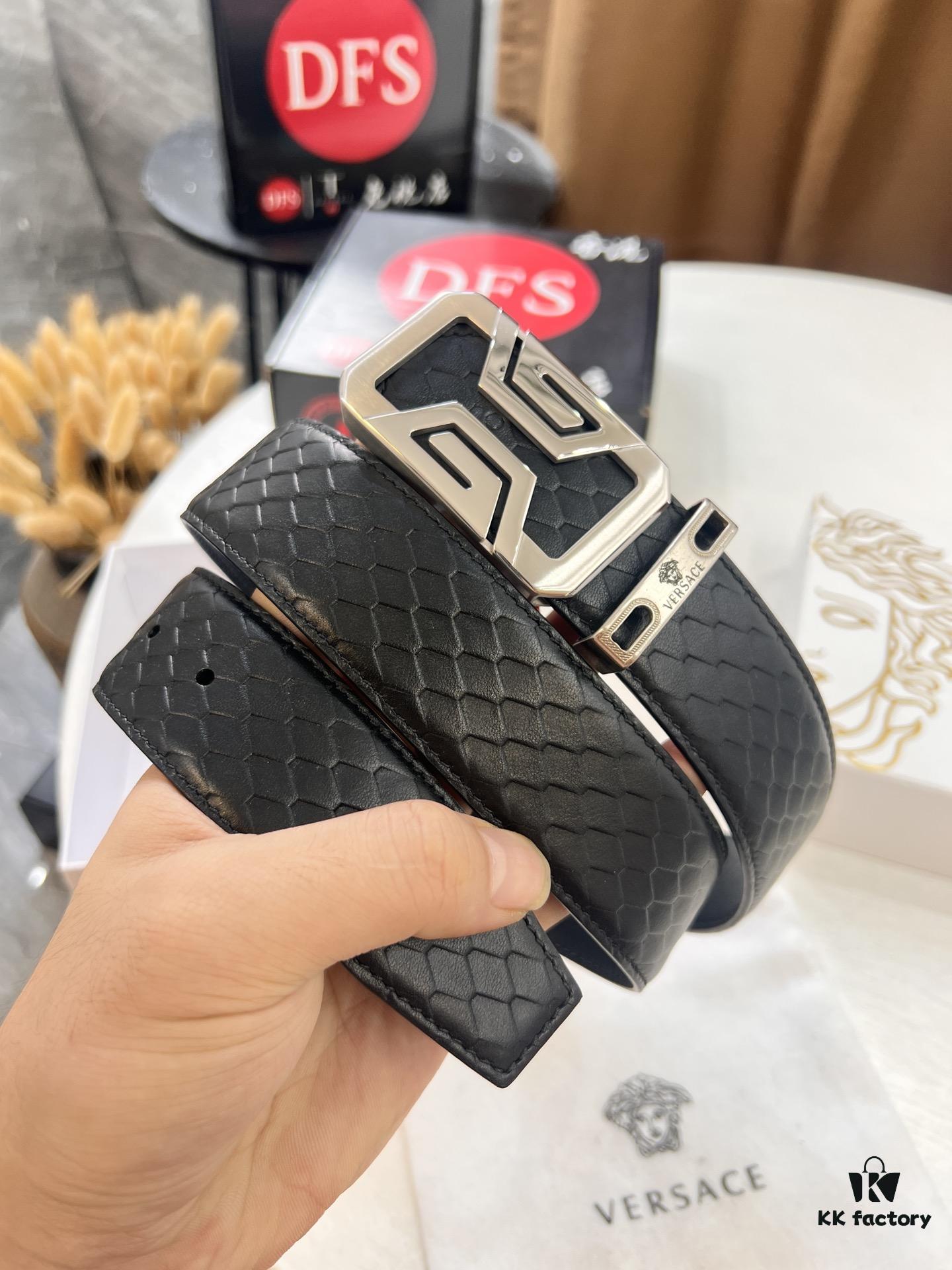 693202073a89a121ed550954 Versace-style Crocodile Grain Top-layer Calfskin Belt, Hollow Stainless Steel Hardware, 3.8cm Width, Dual-sided Wear, Fashion Show Style