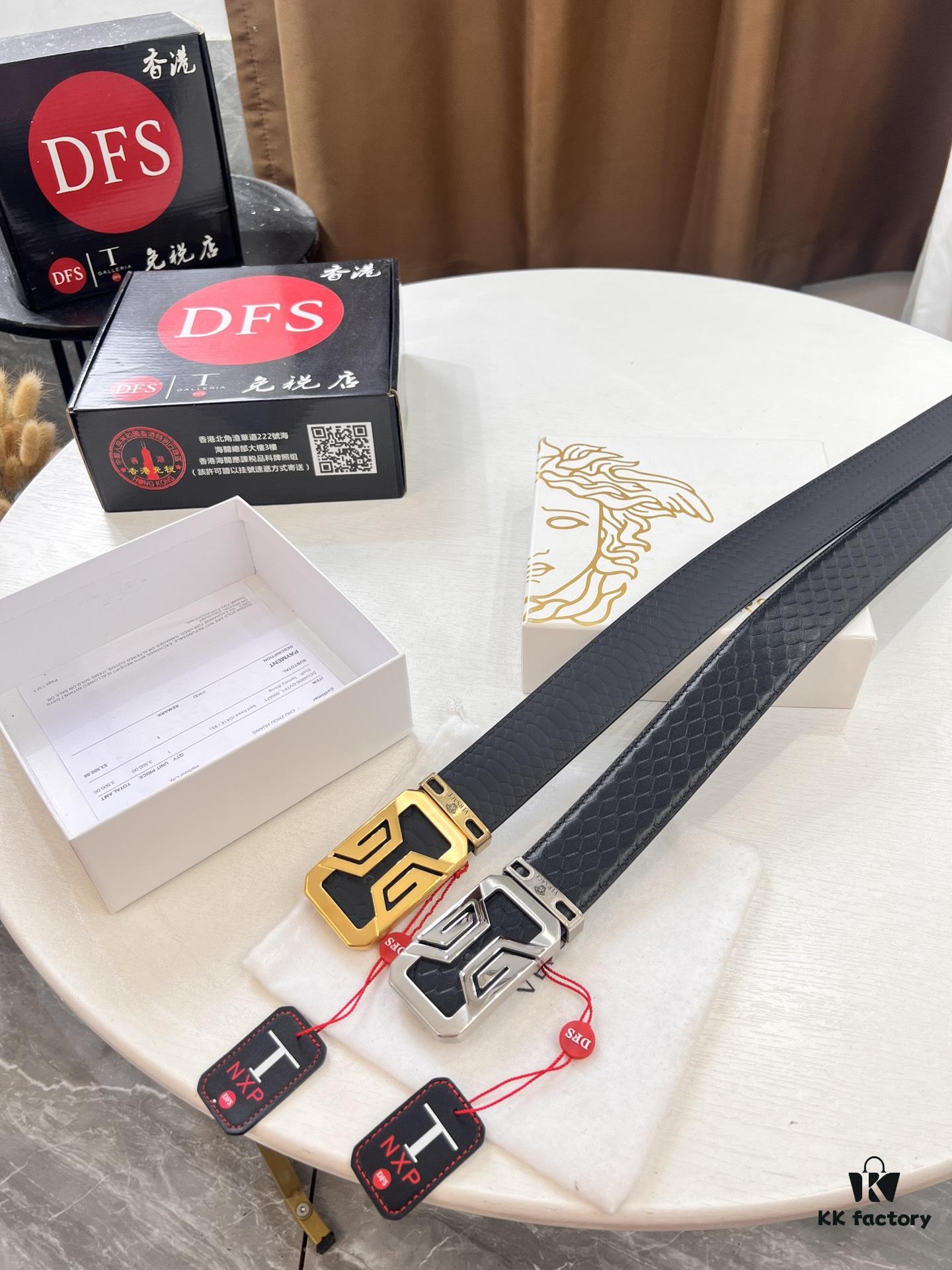 693202073a89a121ed550958 Versace-style Crocodile Grain Top-layer Calfskin Belt, Hollow Stainless Steel Hardware, 3.8cm Width, Dual-sided Wear, Fashion Show Style
