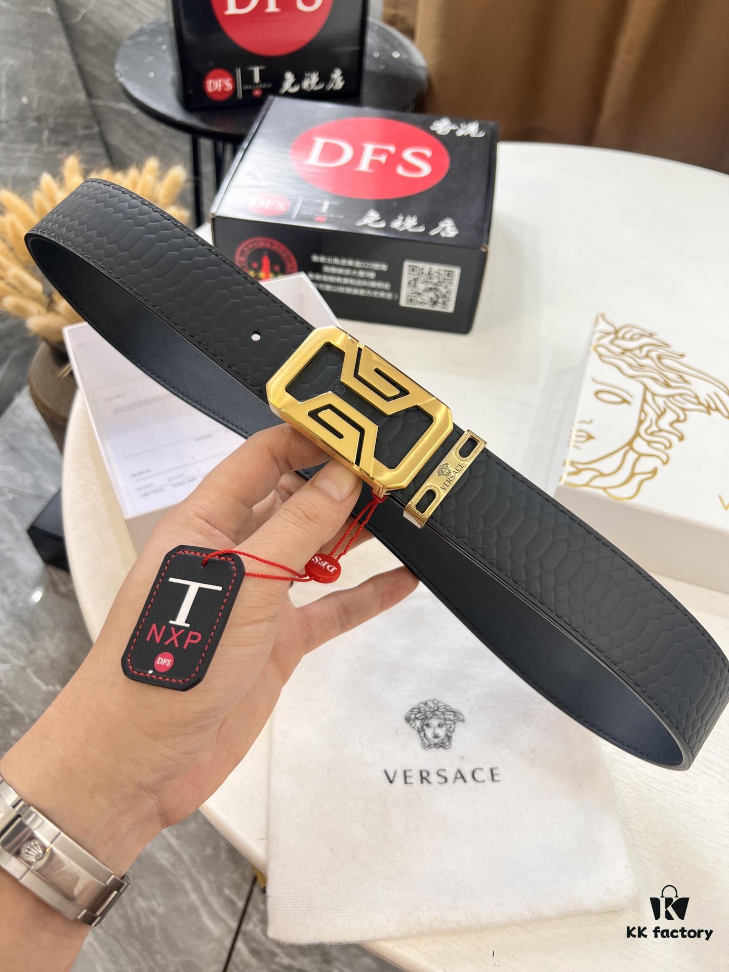 693202073a89a121ed550959 Versace Belt - Original Factory Direct, Genuine NXP RFID Tag, Hollow Stainless Steel Hardware, Italian Crocodile Grain Top Layer Calfskin Leather, 3.8cm Width, Double-Sided Wear, Fashion Show Style