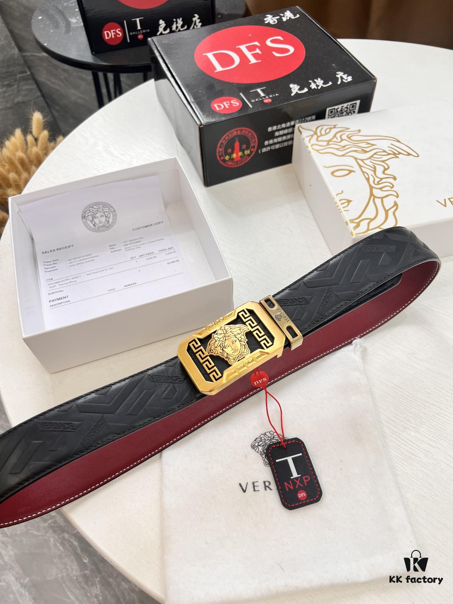 693202083a89a121ed550961 Versace Genuine Leather Belt with Medusa Head Buckle, Italian Imported Top Grain Calfskin, 3.8cm Width, Duty-Free Authenticity Verified by NXP Chip