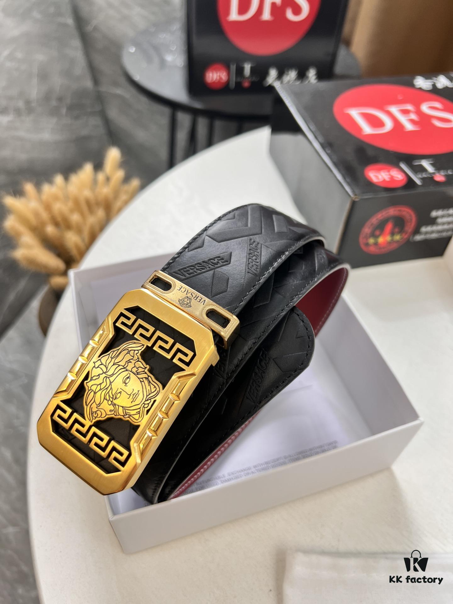 693202083a89a121ed550962 Versace Genuine Leather Belt with Medusa Head Buckle, Italian Imported Top Grain Calfskin, 3.8cm Width, Duty-Free Authenticity Verified by NXP Chip