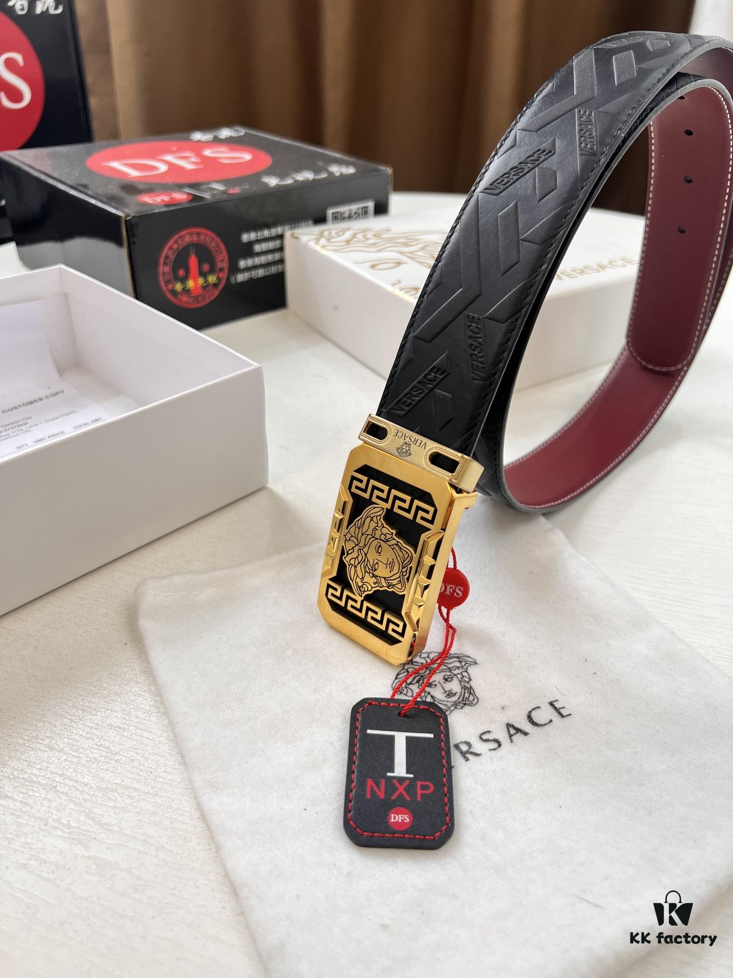 693202083a89a121ed550964 Versace Genuine Leather Belt with Medusa Head Buckle, Italian Imported Top Grain Calfskin, 3.8cm Width, Duty-Free Authenticity Verified by NXP Chip