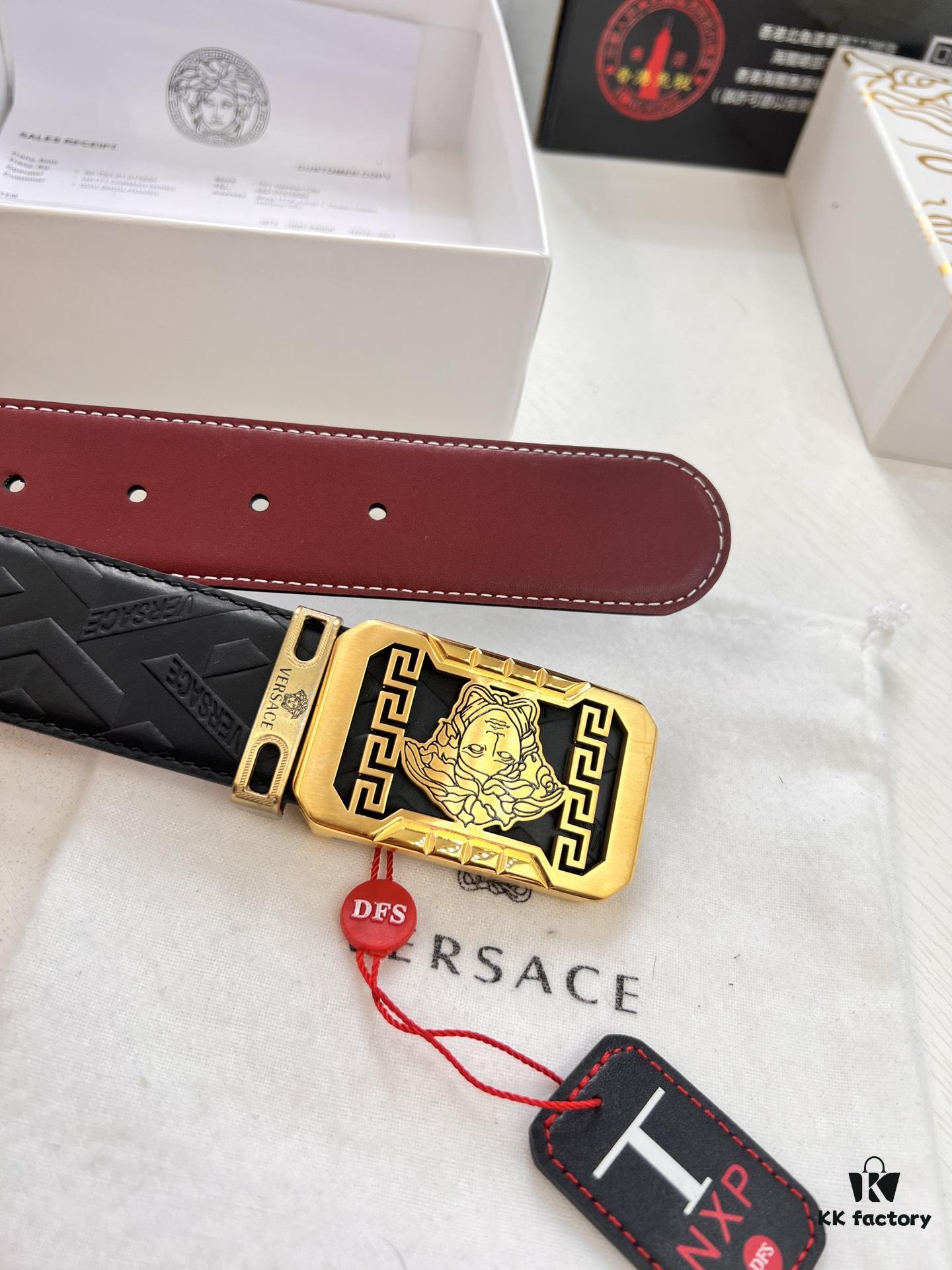 693202083a89a121ed550965 Versace Genuine Leather Belt with Medusa Head Buckle, Italian Imported Top Grain Calfskin, 3.8cm Width, Duty-Free Authenticity Verified by NXP Chip