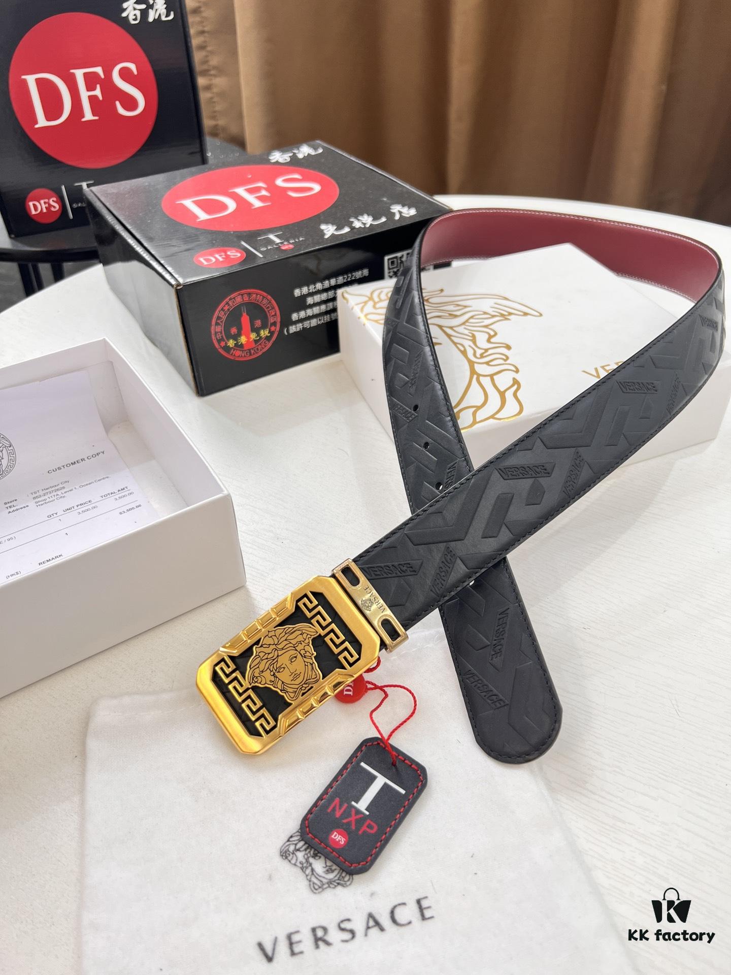 693202083a89a121ed550966 Versace Genuine Leather Belt with Medusa Head Buckle, Italian Imported Top Grain Calfskin, 3.8cm Width, Duty-Free Authenticity Verified by NXP Chip