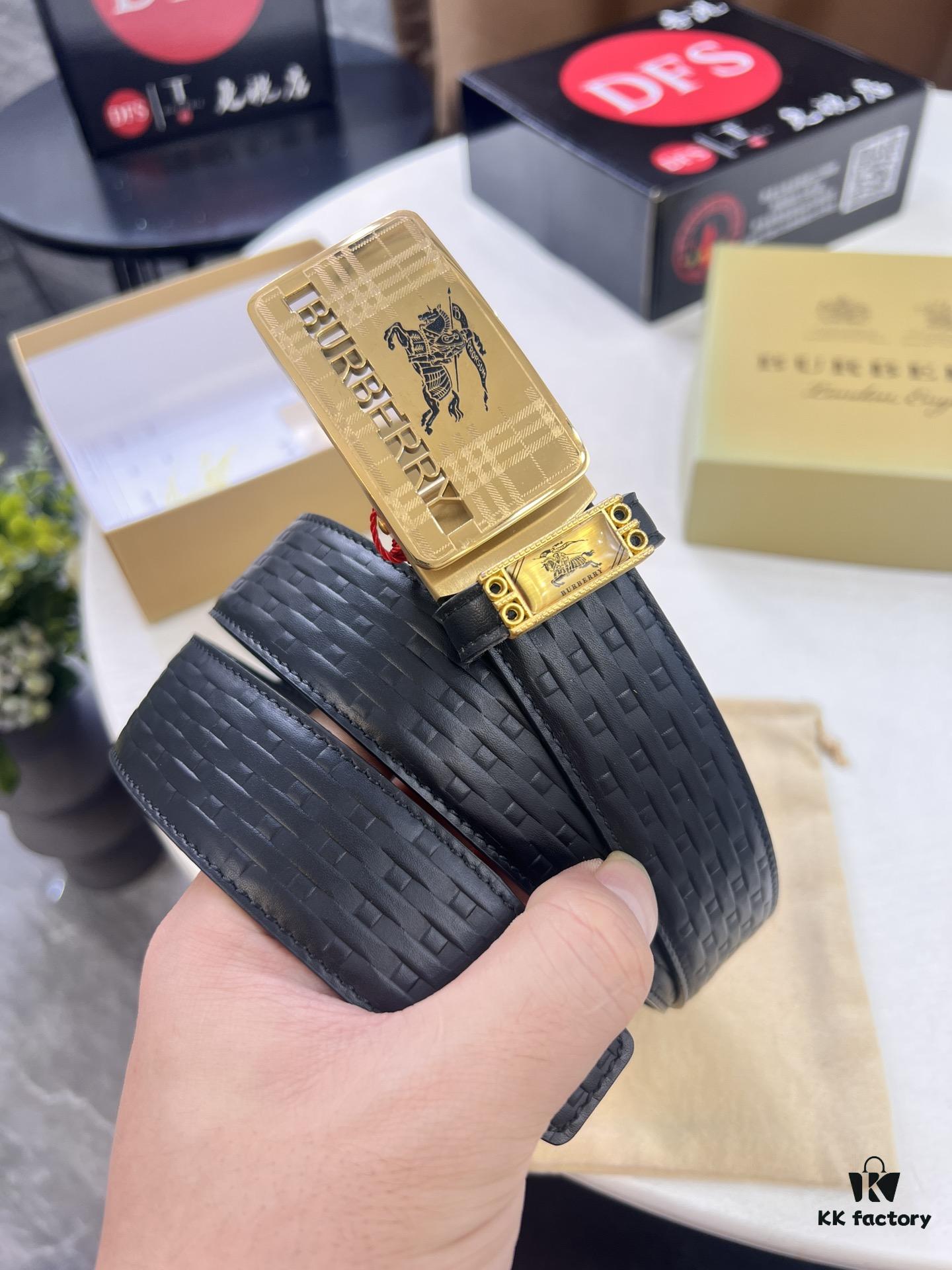 693202173a89a121ed550970 Burberry Equestrian Automatic Buckle Belt, Genuine Full-Grain Calfskin, 3.5cm Width, Top-Quality Business Formal Belt with Polished Stainless Steel Hardware