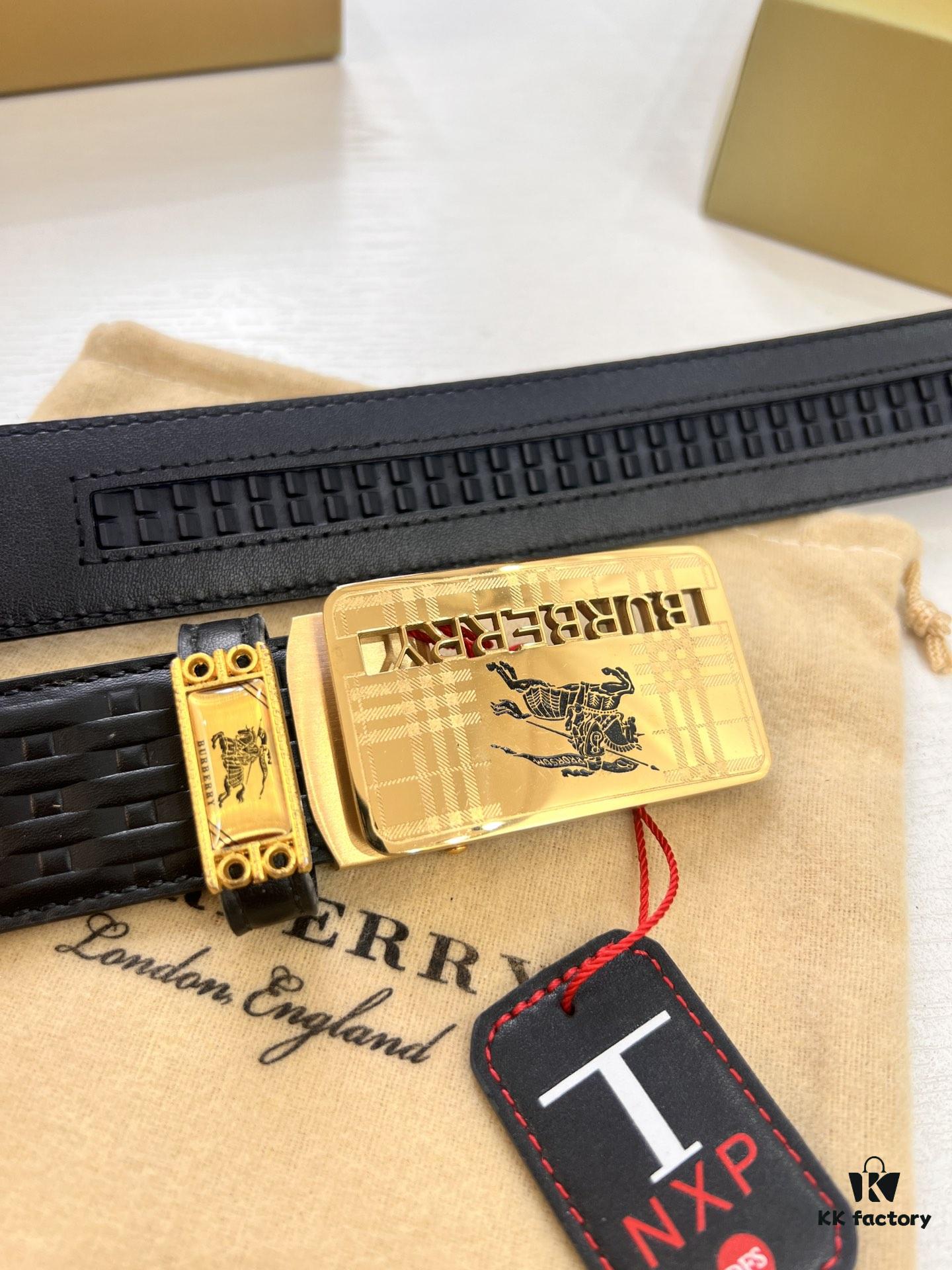 693202173a89a121ed550971 Burberry Equestrian Automatic Buckle Belt, Genuine Full-Grain Calfskin, 3.5cm Width, Top-Quality Business Formal Belt with Polished Stainless Steel Hardware