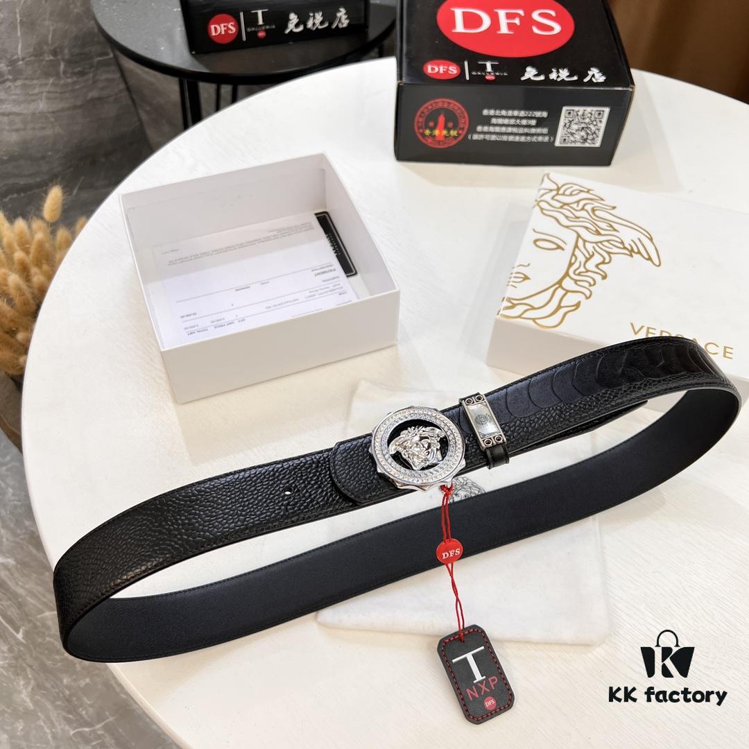 693202223a89a121ed550984 Versace Genuine Steel Hardware Luxury Belt - Original Single Order, Italian Imported Ostrich Foot Texture Top Layer Leather, 3.8cm Width, Hong Kong Duty-Free T Gift Box (NXP RFID Tag Verifiable on Official Website, Authentic Anti-Counterfeit Chip)