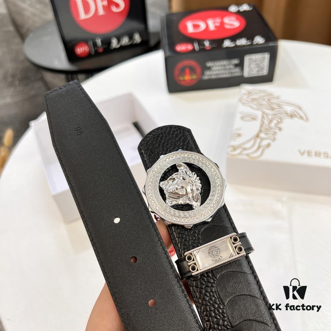 693202223a89a121ed550985 Versace Genuine Steel Hardware Luxury Belt - Original Single Order, Italian Imported Ostrich Foot Texture Top Layer Leather, 3.8cm Width, Hong Kong Duty-Free T Gift Box (NXP RFID Tag Verifiable on Official Website, Authentic Anti-Counterfeit Chip)