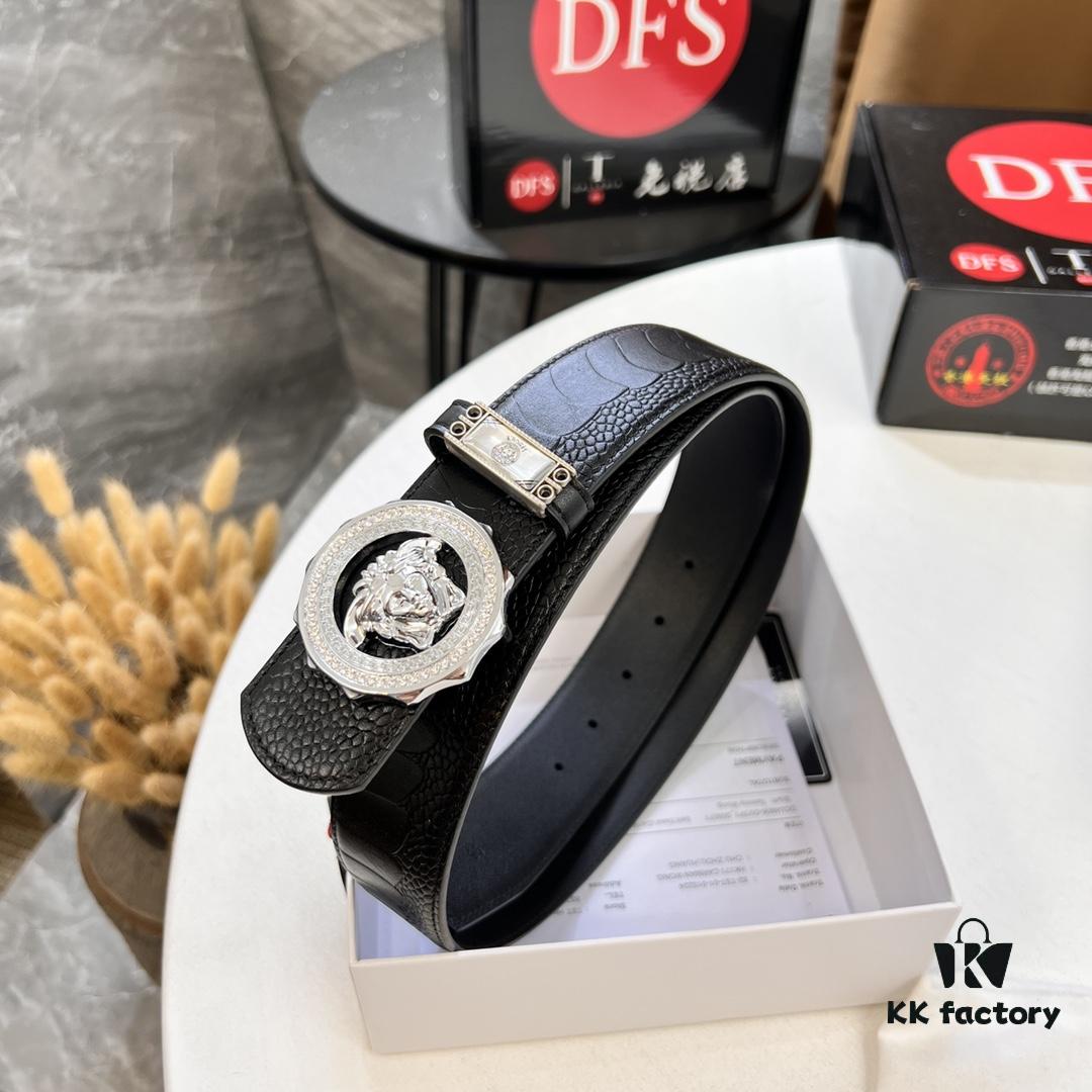 693202223a89a121ed550986 Versace Genuine Steel Hardware Luxury Belt - Original Single Order, Italian Imported Ostrich Foot Texture Top Layer Leather, 3.8cm Width, Hong Kong Duty-Free T Gift Box (NXP RFID Tag Verifiable on Official Website, Authentic Anti-Counterfeit Chip)
