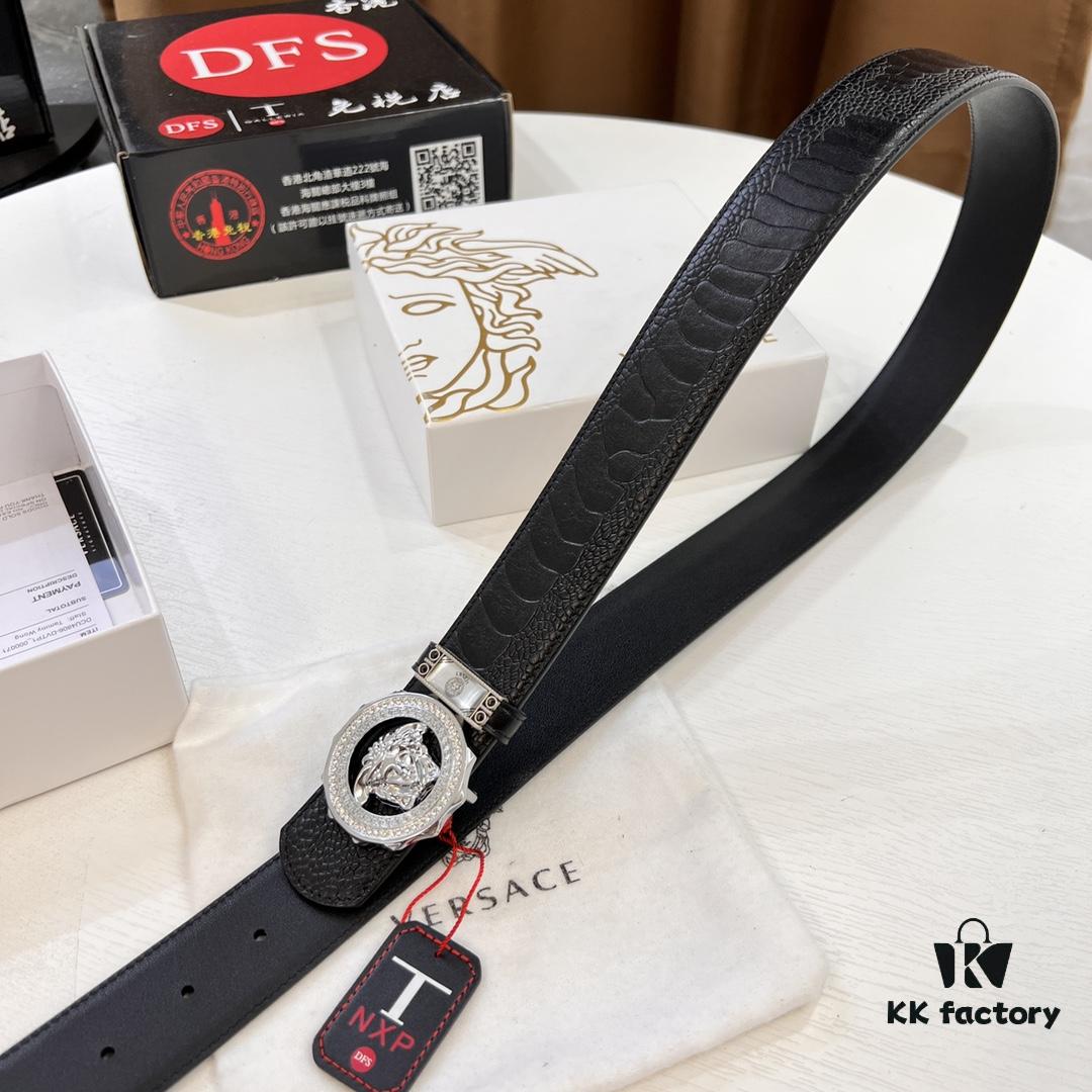 693202223a89a121ed550987 Versace Genuine Steel Hardware Luxury Belt - Original Single Order, Italian Imported Ostrich Foot Texture Top Layer Leather, 3.8cm Width, Hong Kong Duty-Free T Gift Box (NXP RFID Tag Verifiable on Official Website, Authentic Anti-Counterfeit Chip)