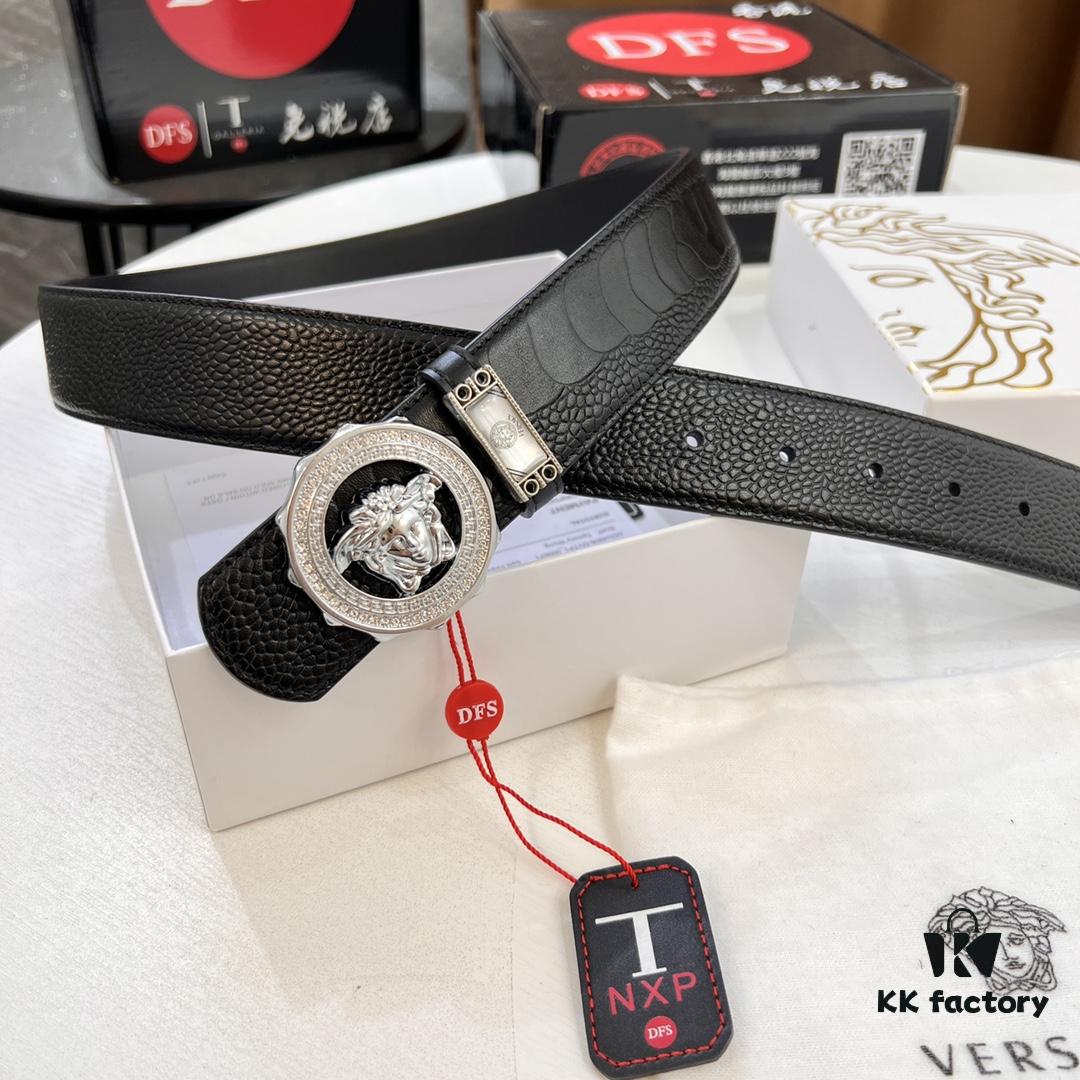 693202223a89a121ed550988 Versace Genuine Steel Hardware Luxury Belt - Original Single Order, Italian Imported Ostrich Foot Texture Top Layer Leather, 3.8cm Width, Hong Kong Duty-Free T Gift Box (NXP RFID Tag Verifiable on Official Website, Authentic Anti-Counterfeit Chip)