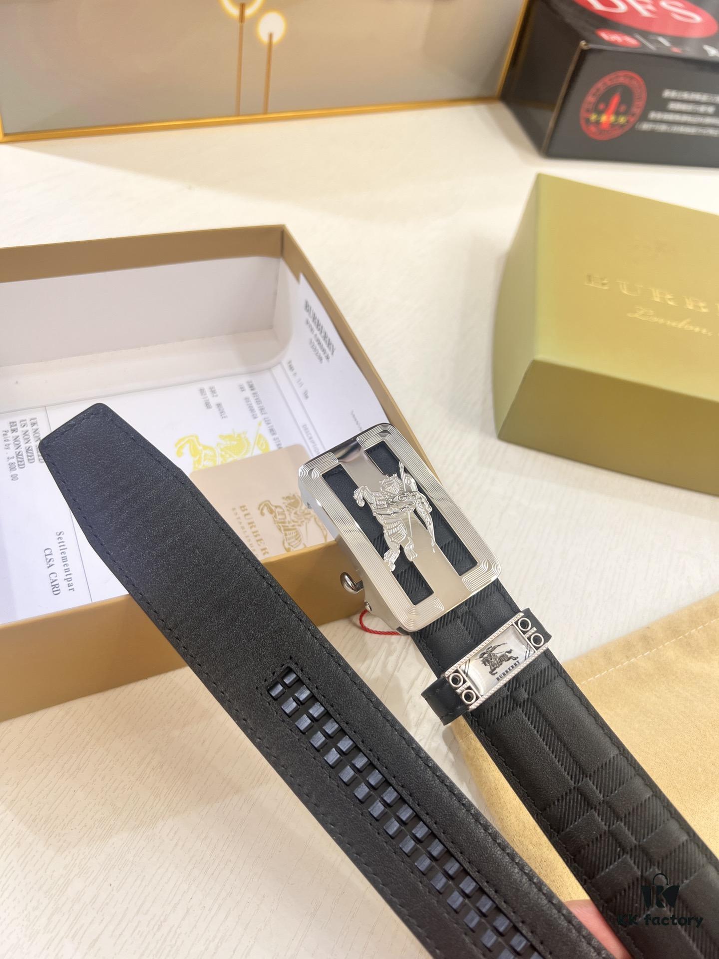 693202443a89a121ed550a11 Burberry Automatic Buckle Belt, Newest Style, Genuine Top-Layer Cowhide with Original Barcode Pattern, 3.5 cm Width, Premium Business Formal Belt