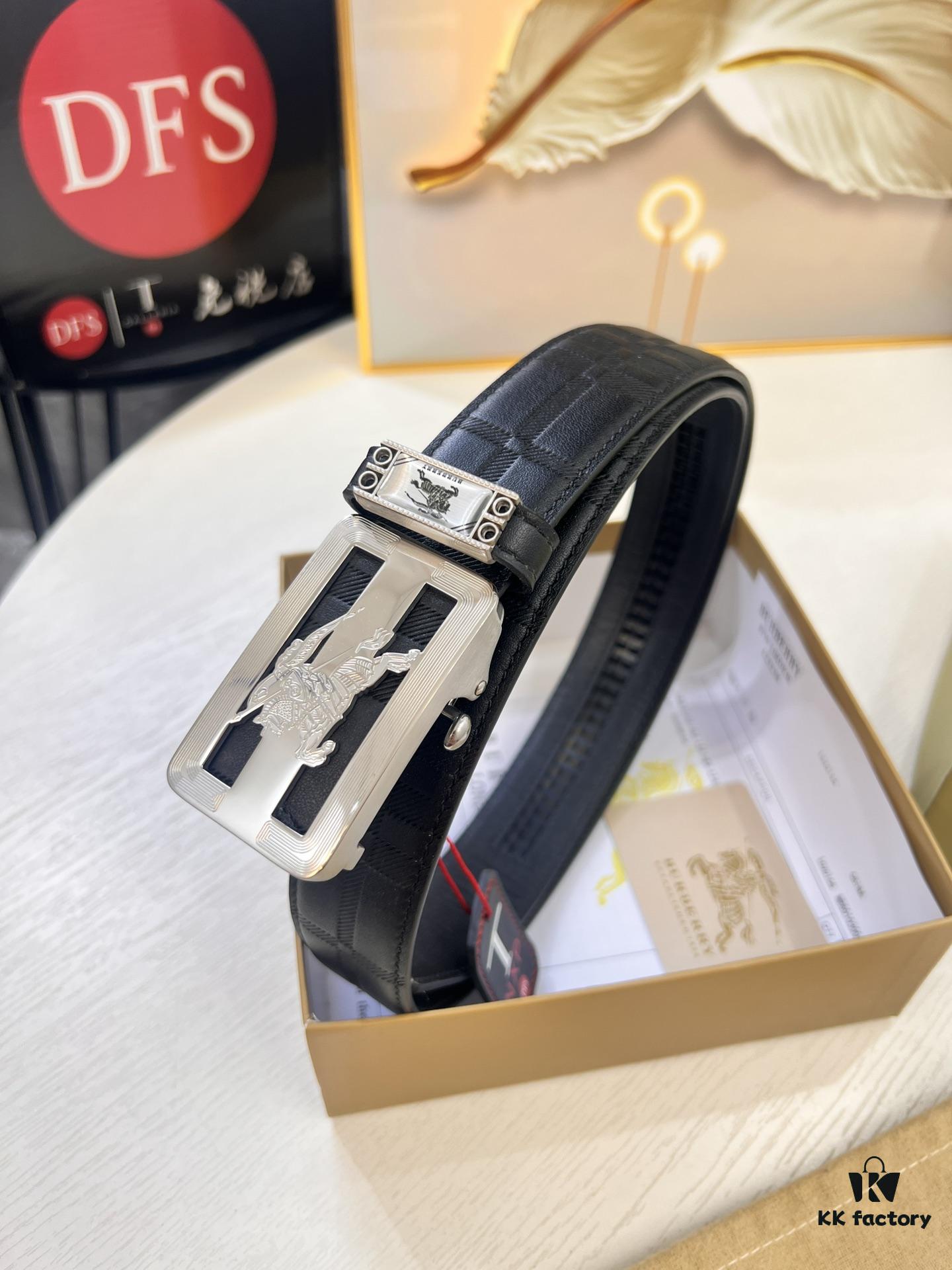 693202443a89a121ed550a12 Burberry Automatic Buckle Belt, Newest Style, Genuine Top-Layer Cowhide with Original Barcode Pattern, 3.5 cm Width, Premium Business Formal Belt