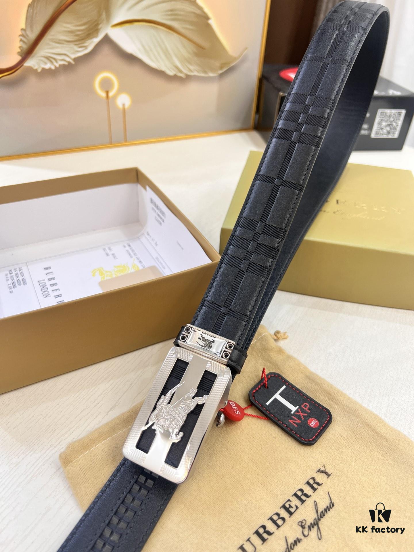 693202443a89a121ed550a13 Burberry Automatic Buckle Belt, Newest Style, Genuine Top-Layer Cowhide with Original Barcode Pattern, 3.5 cm Width, Premium Business Formal Belt