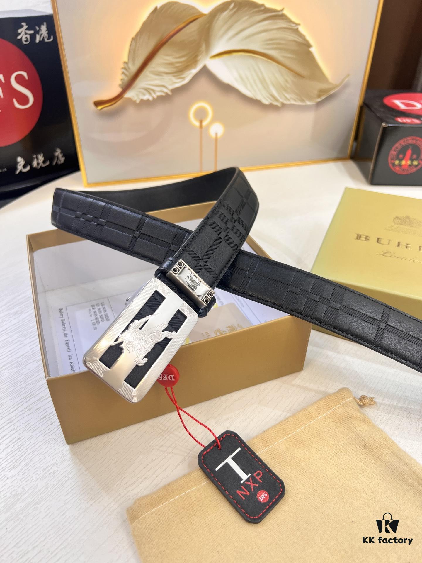693202453a89a121ed550a14 Burberry Automatic Buckle Belt, Newest Style, Genuine Top-Layer Cowhide with Original Barcode Pattern, 3.5 cm Width, Premium Business Formal Belt