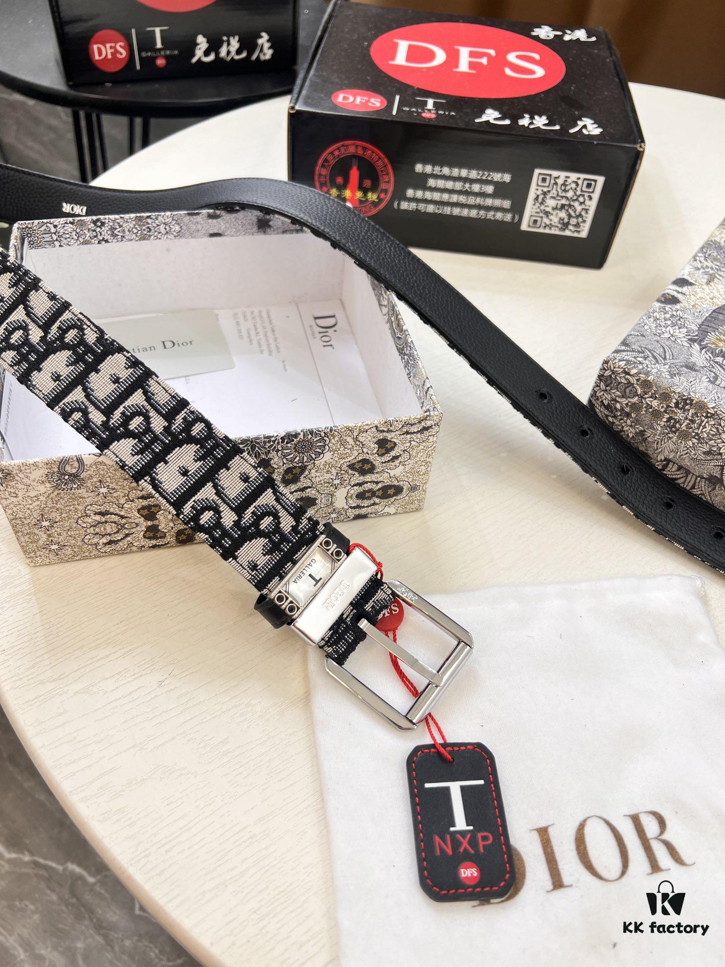 Dior Unisex Belt, Latest Couple's Style, Imported Embroidered Custom Fabric, Full-Grain Calfskin with Lychee Texture, ZP Synchronized Polished Buckle Hardware, 3.5cm Width