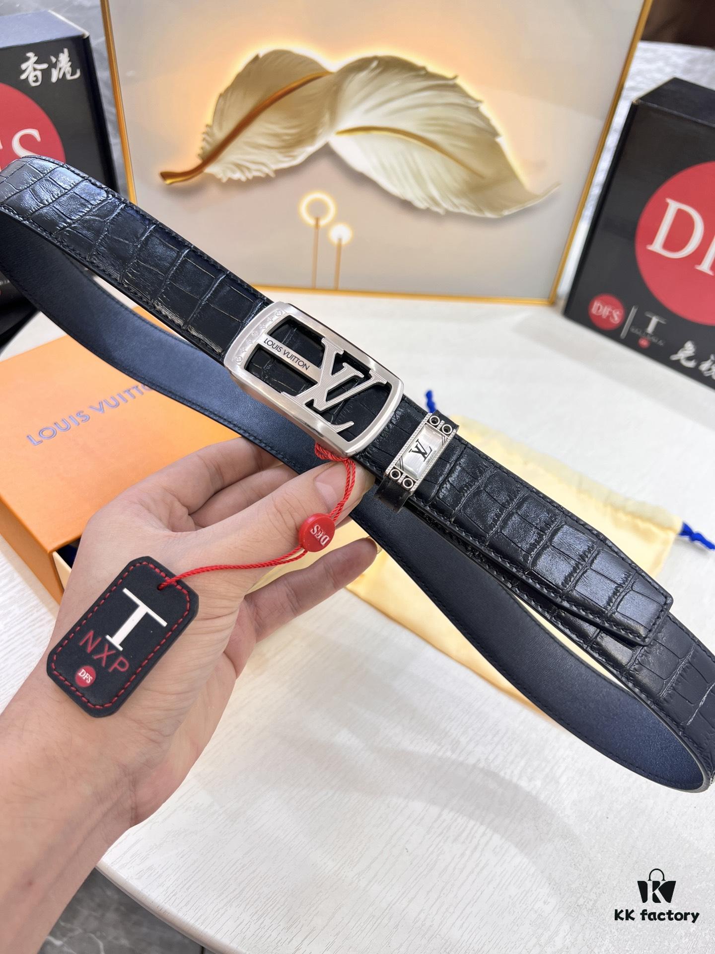 693202bc3a89a121ed550b73 Louis Vuitton Automatic Buckle Belt, Premium Calfskin with Crocodile Texture, 3.5cm Width, Top-Quality Business Leather Belt