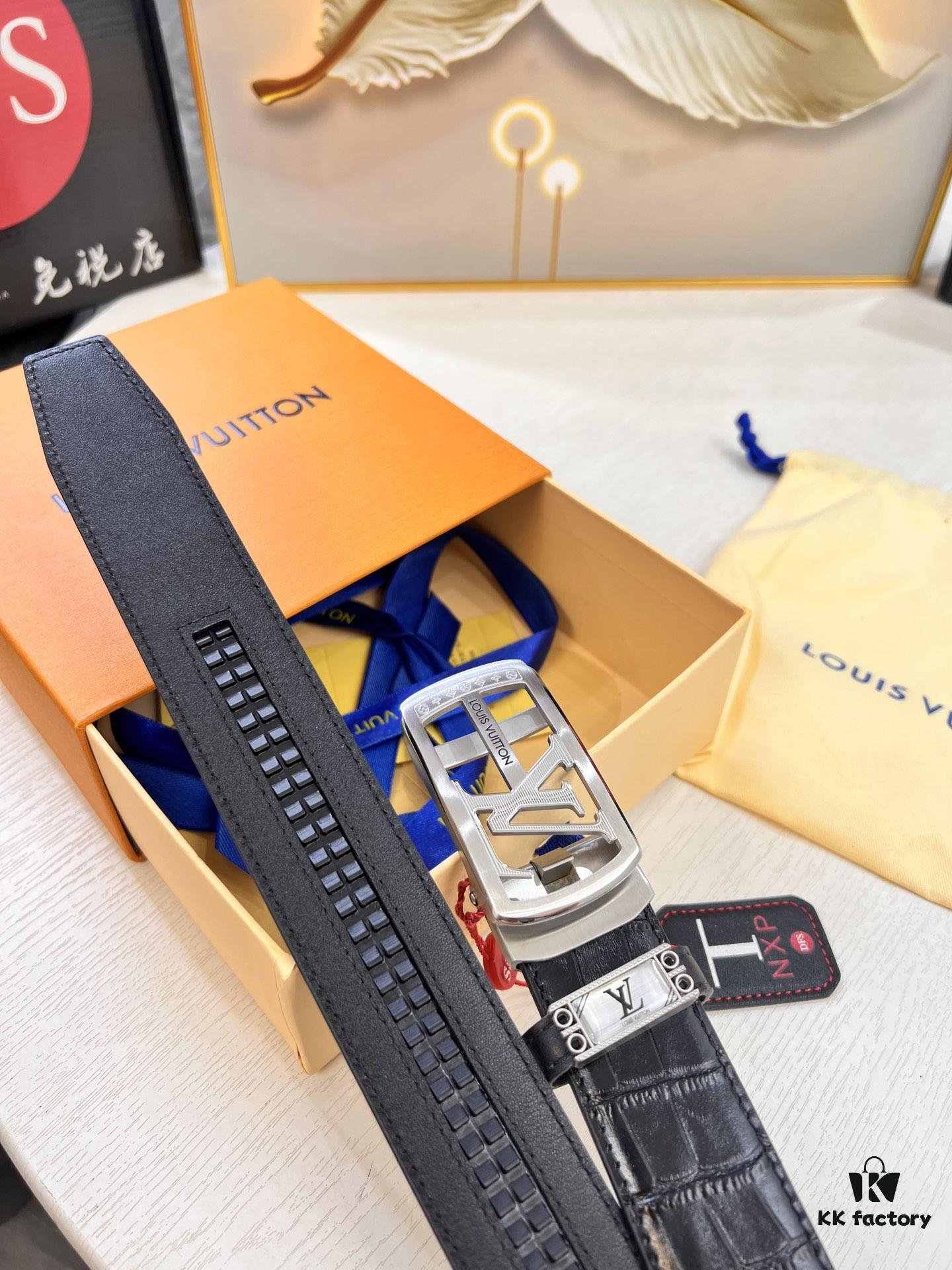 693202bc3a89a121ed550b75 Louis Vuitton Automatic Buckle Belt, Premium Calfskin with Crocodile Texture, 3.5cm Width, Top-Quality Business Leather Belt