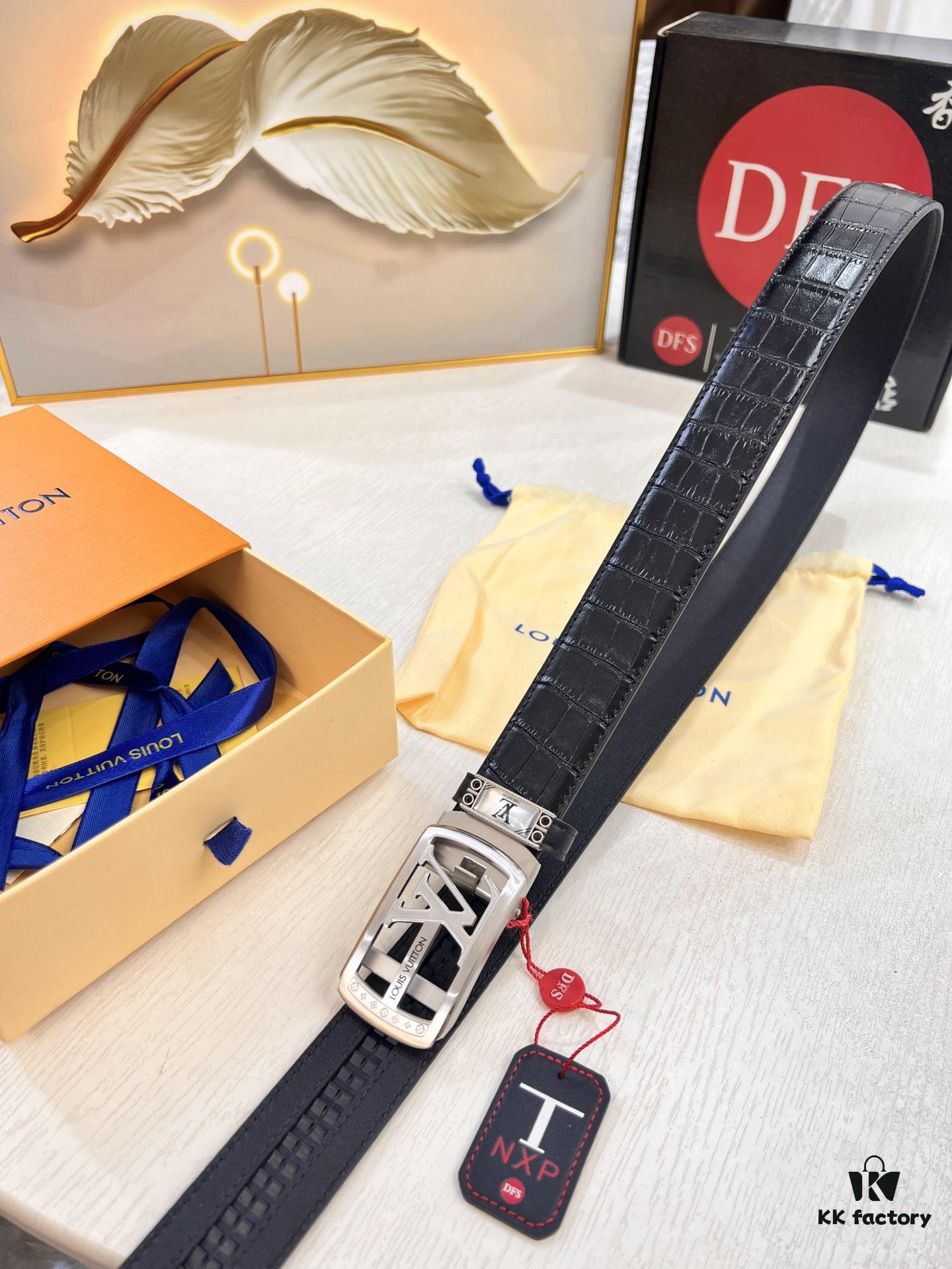 693202bc3a89a121ed550b77 Louis Vuitton Automatic Buckle Belt, Premium Calfskin with Crocodile Texture, 3.5cm Width, Top-Quality Business Leather Belt