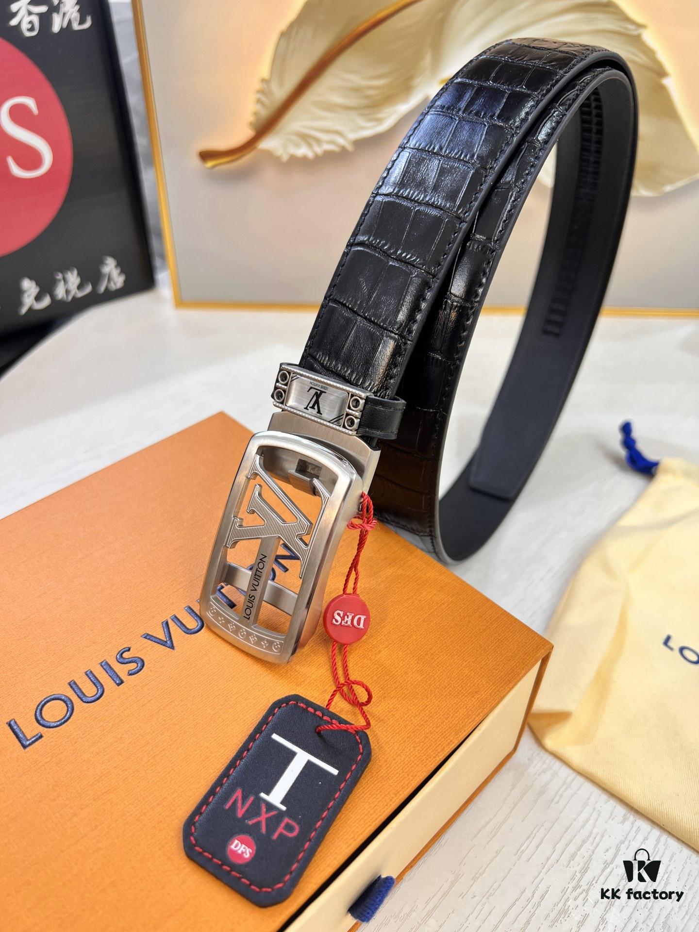 693202bd3a89a121ed550b78 Louis Vuitton Automatic Buckle Belt, Premium Calfskin with Crocodile Texture, 3.5cm Width, Top-Quality Business Leather Belt