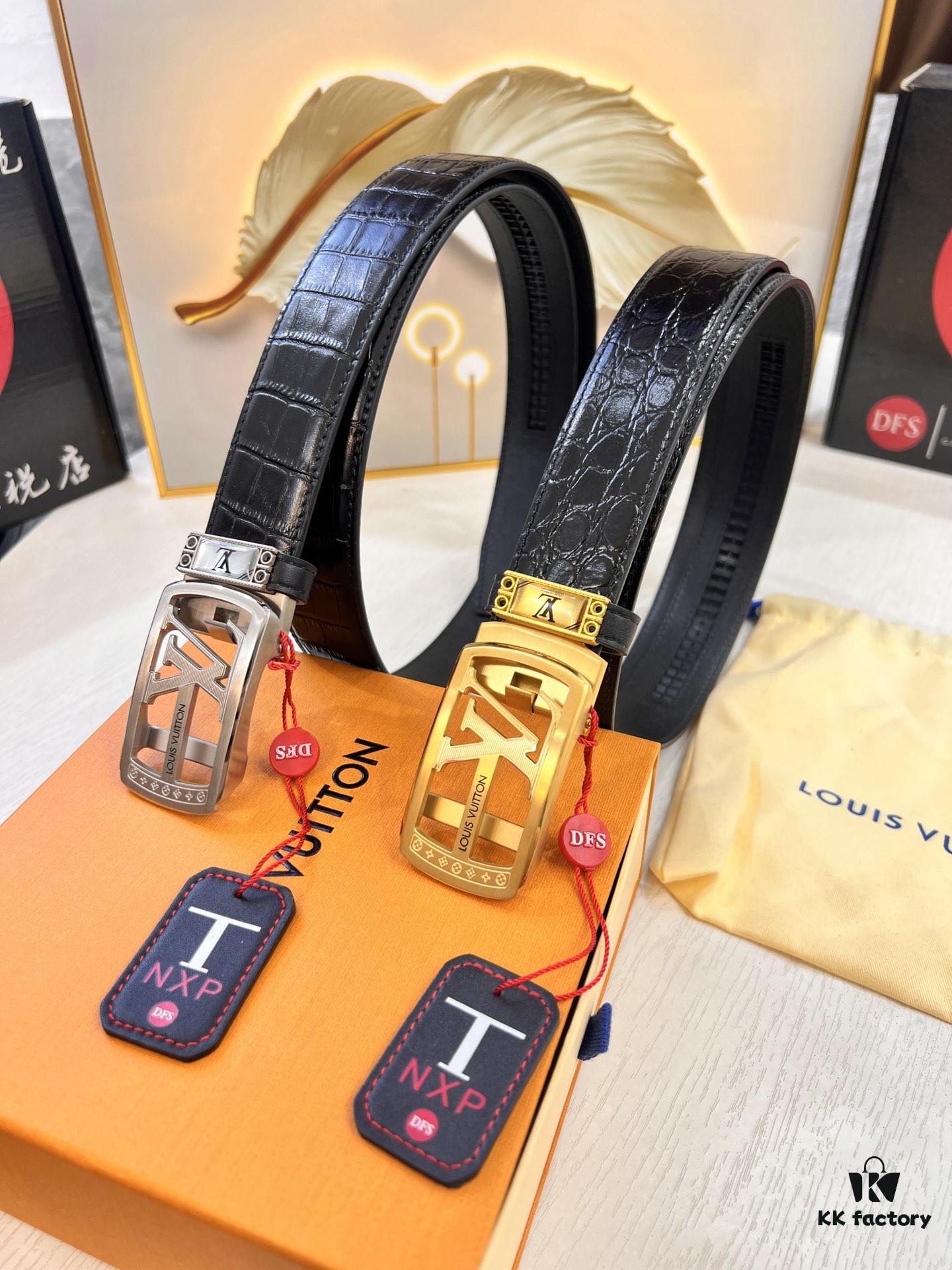 693202bd3a89a121ed550b79 Louis Vuitton Automatic Buckle Belt, Premium Calfskin with Crocodile Texture, 3.5cm Width, Top-Quality Business Leather Belt