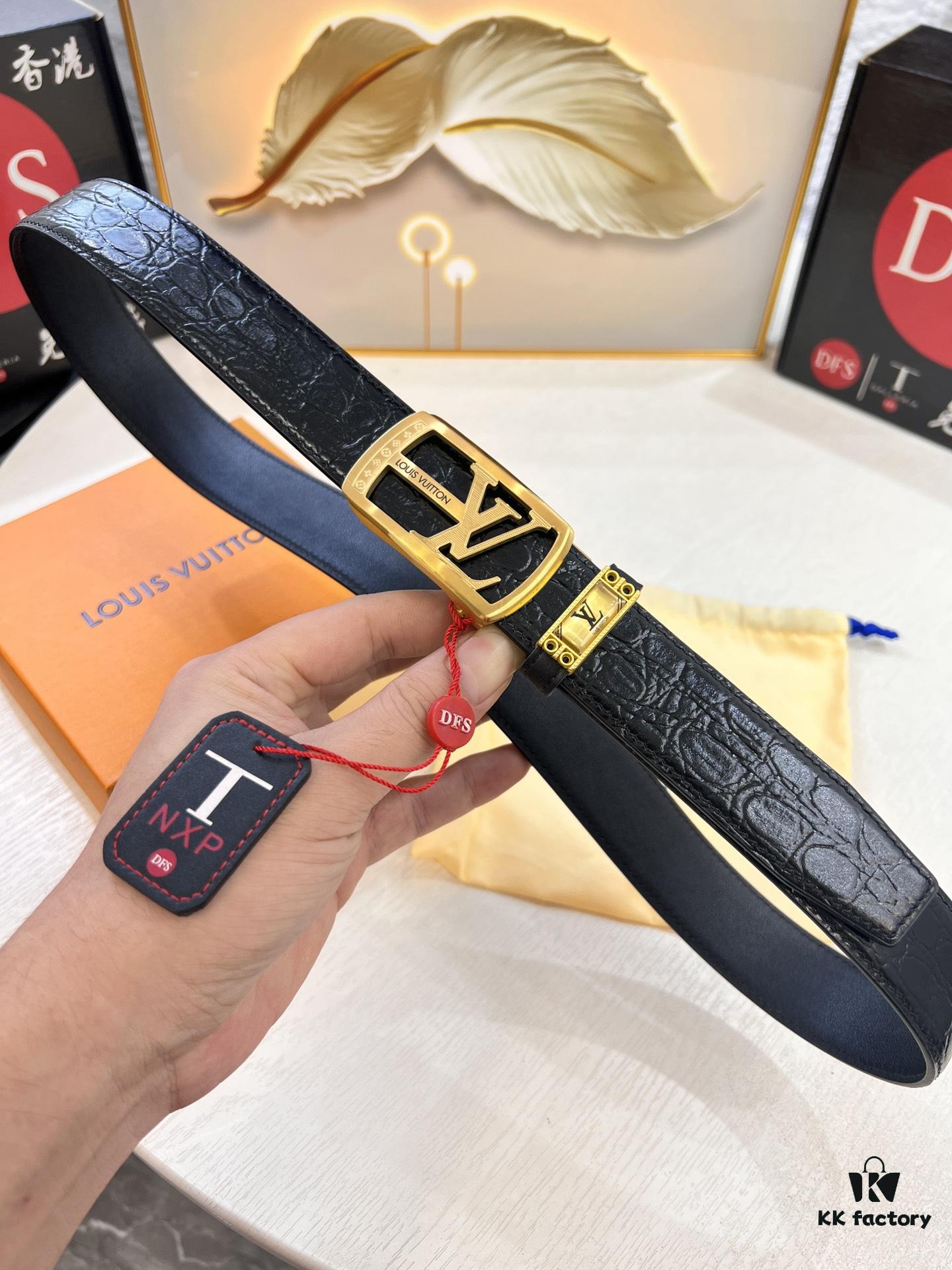 Louis Vuitton Automatic Buckle Belt, Premium Calfskin with Crocodile Texture, 3.5cm Width, Top-Quality Craftsmanship for Formal Business Wear