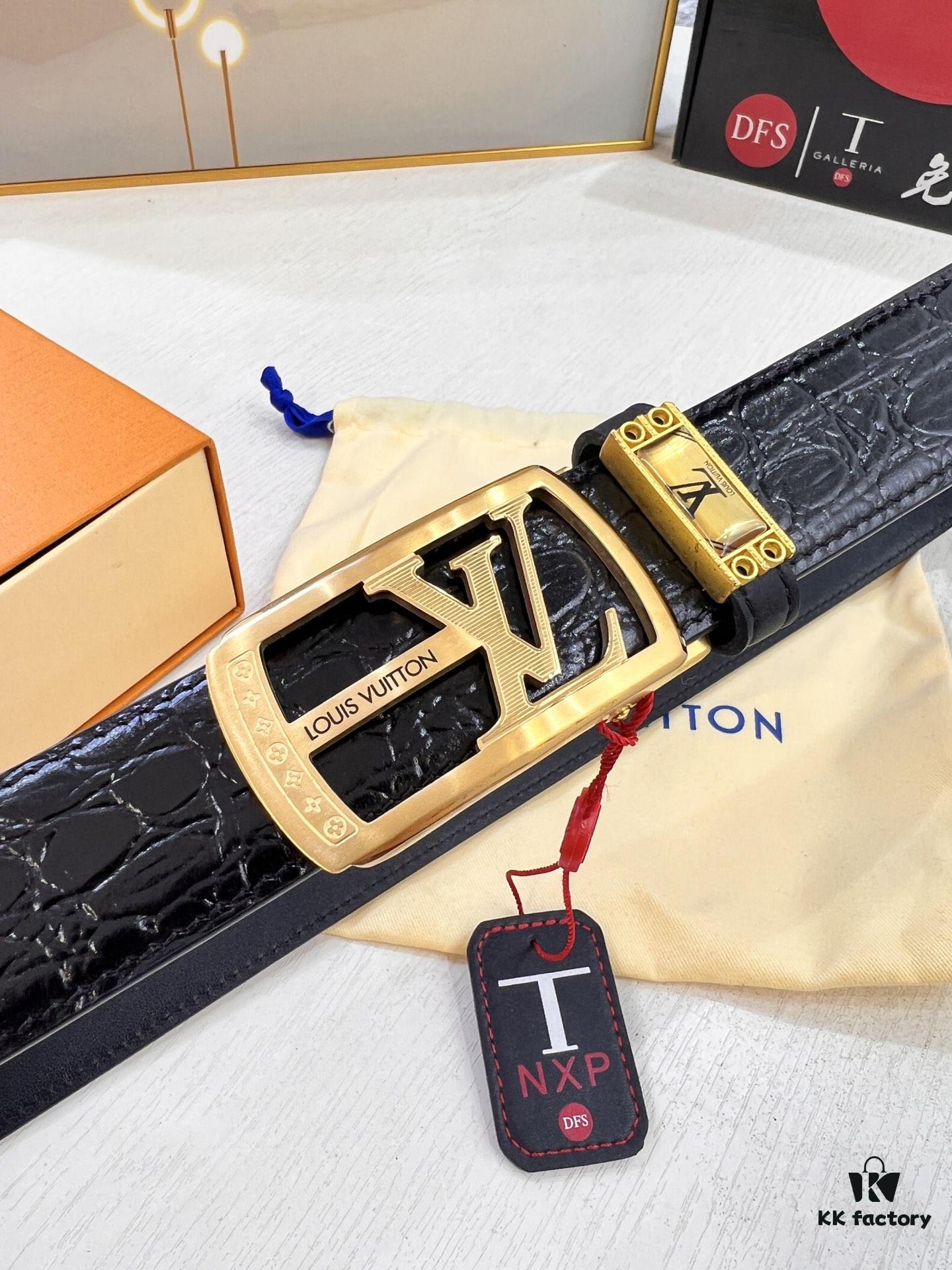 Louis Vuitton Automatic Buckle Belt, Premium Calfskin with Crocodile Texture, 3.5cm Width, Top-Quality Craftsmanship for Formal Business Wear