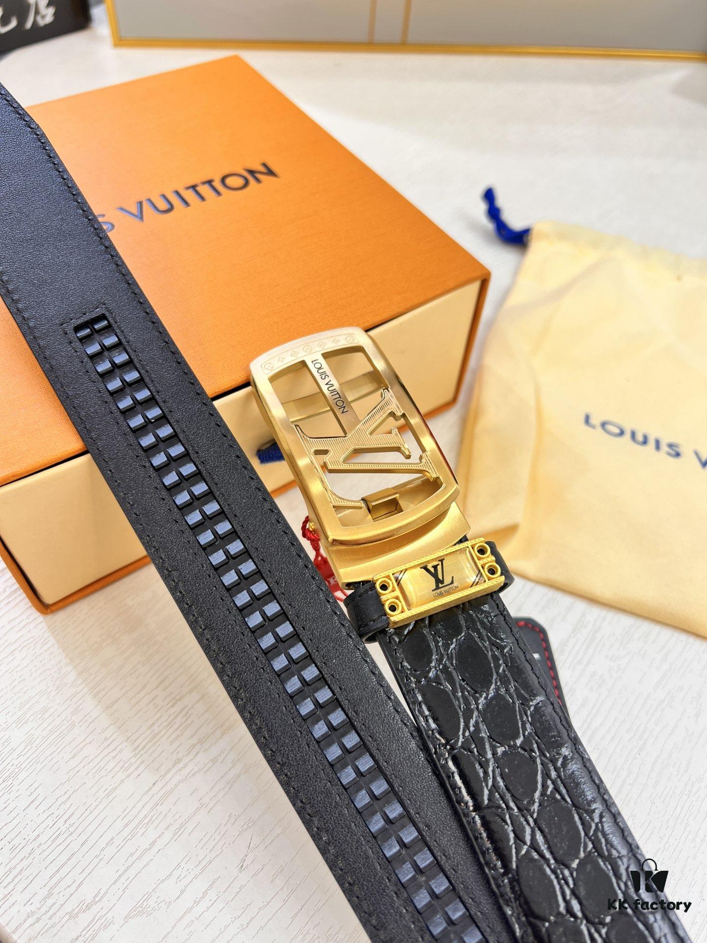 Louis Vuitton Automatic Buckle Belt, Premium Calfskin with Crocodile Texture, 3.5cm Width, Top-Quality Craftsmanship for Formal Business Wear