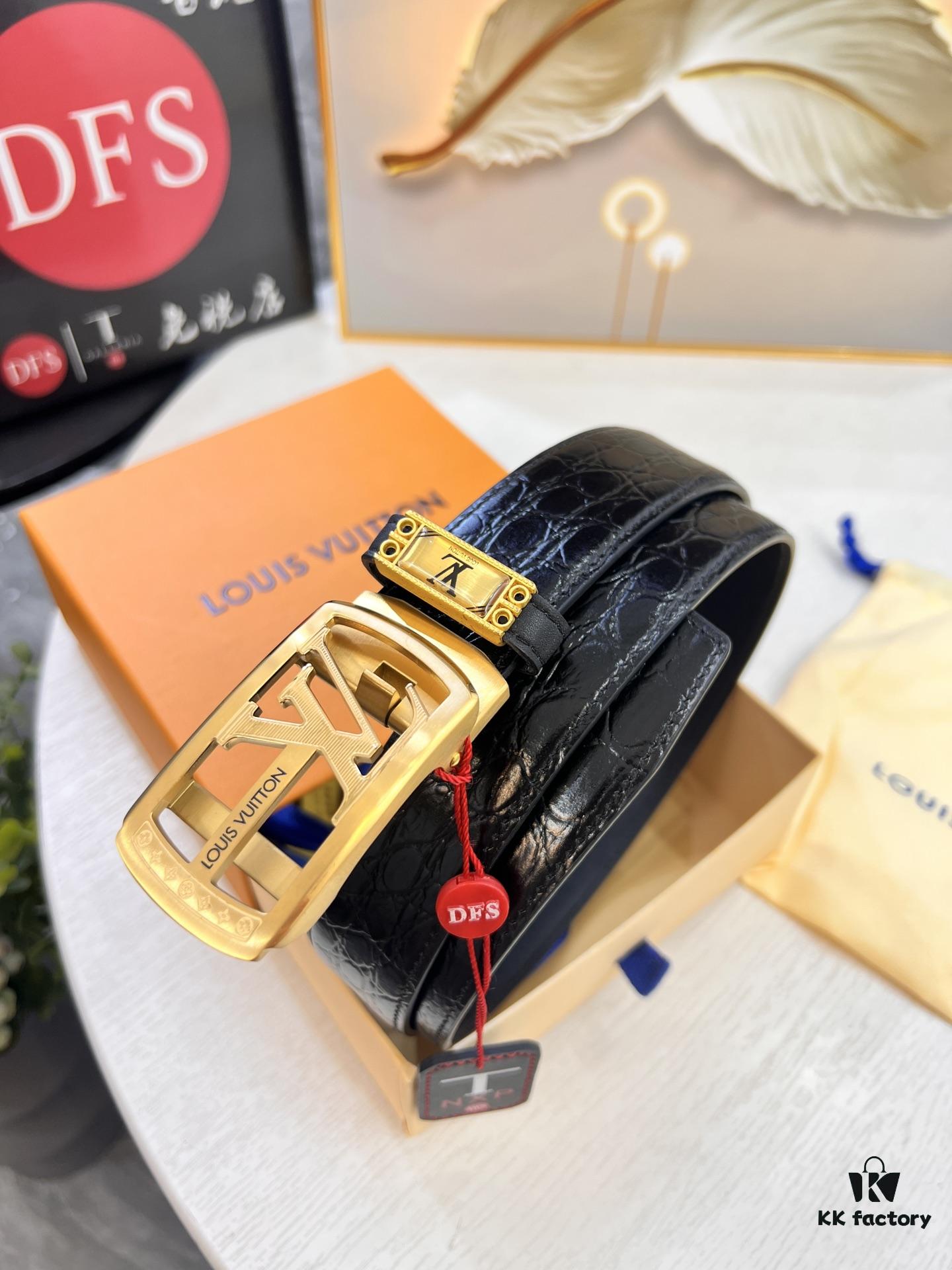 Louis Vuitton Automatic Buckle Belt, Premium Calfskin with Crocodile Texture, 3.5cm Width, Top-Quality Craftsmanship for Formal Business Wear