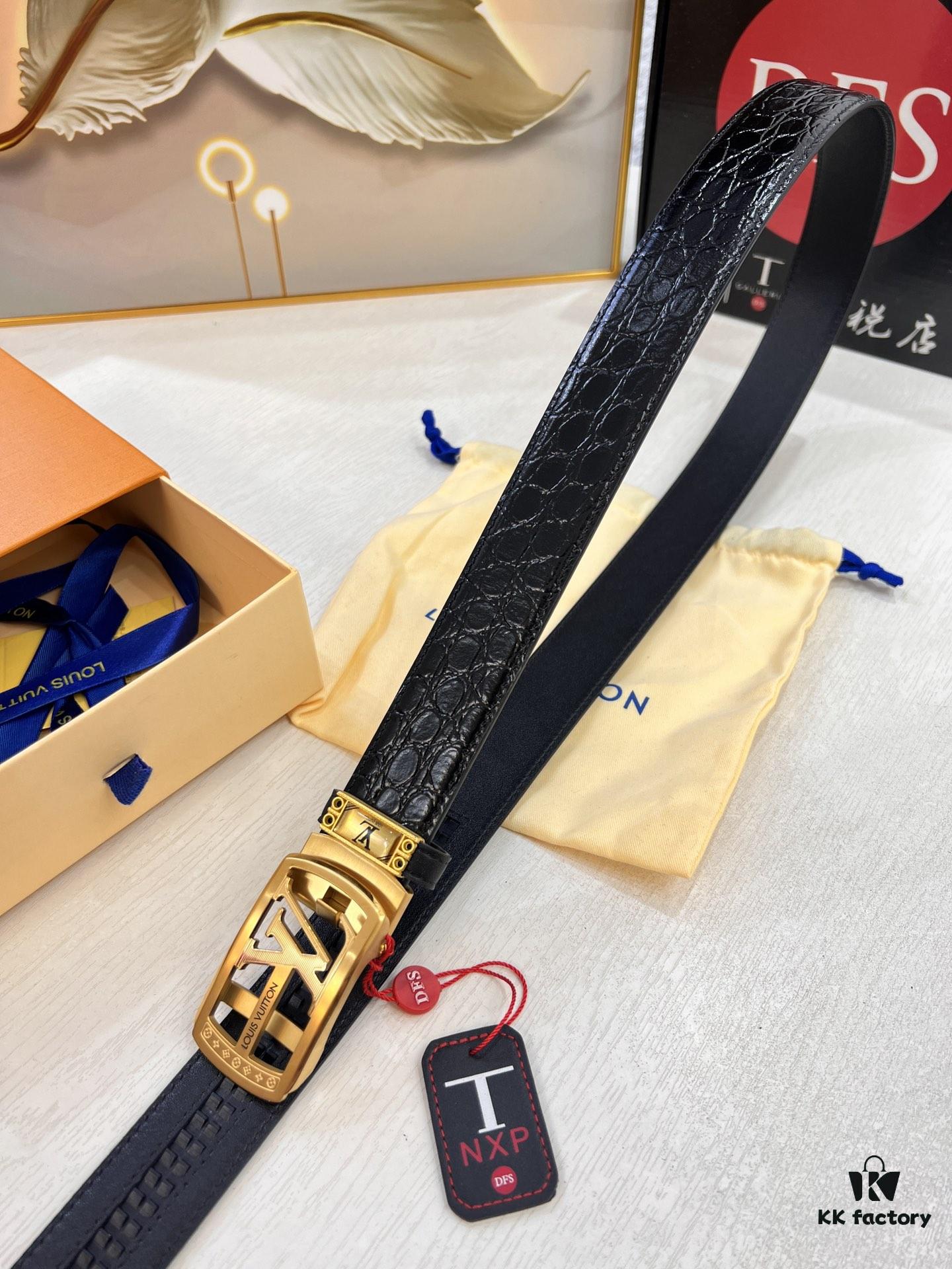 Louis Vuitton Automatic Buckle Belt, Premium Calfskin with Crocodile Texture, 3.5cm Width, Top-Quality Craftsmanship for Formal Business Wear