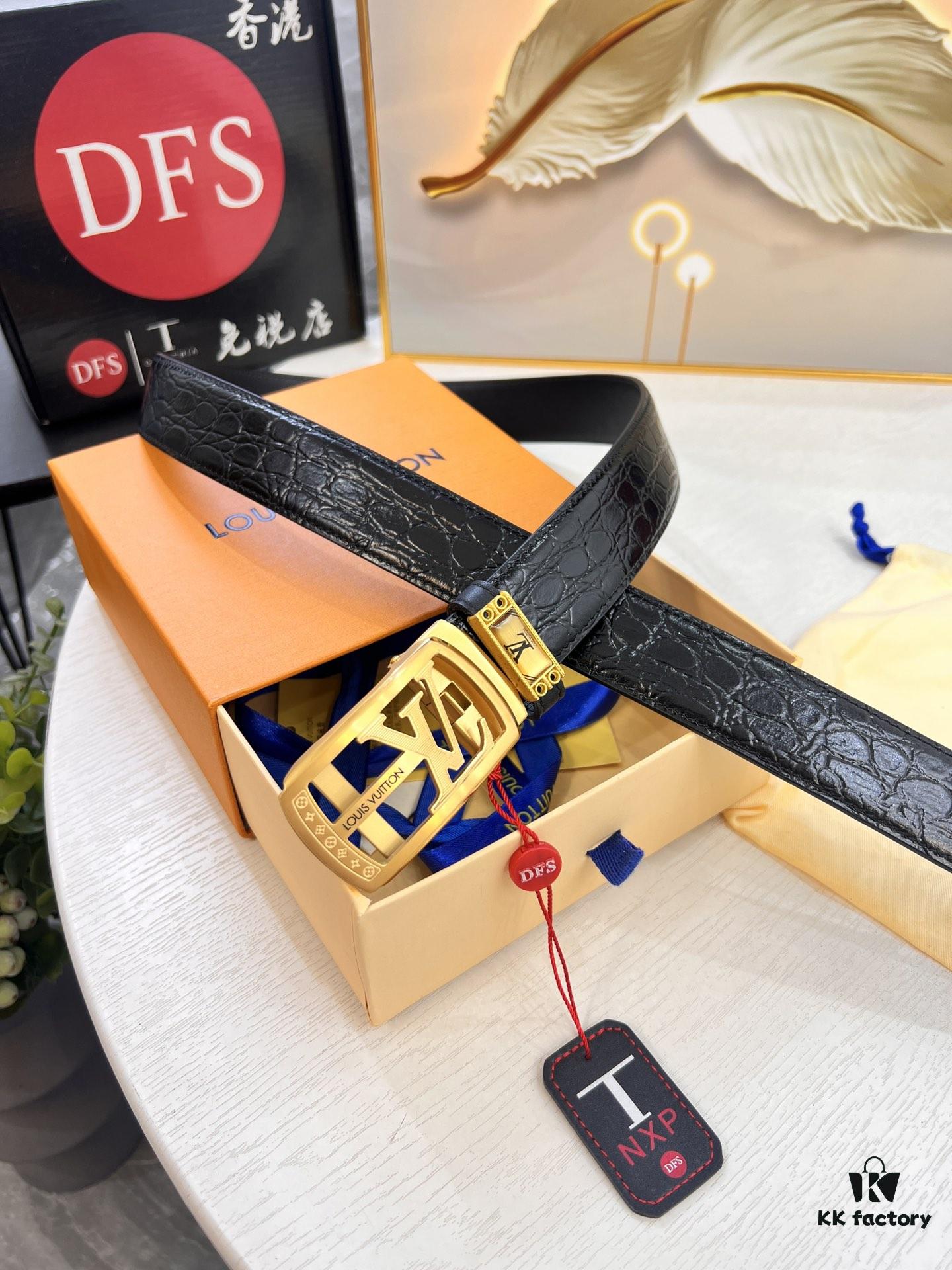 Louis Vuitton Automatic Buckle Belt, Premium Calfskin with Crocodile Texture, 3.5cm Width, Top-Quality Craftsmanship for Formal Business Wear