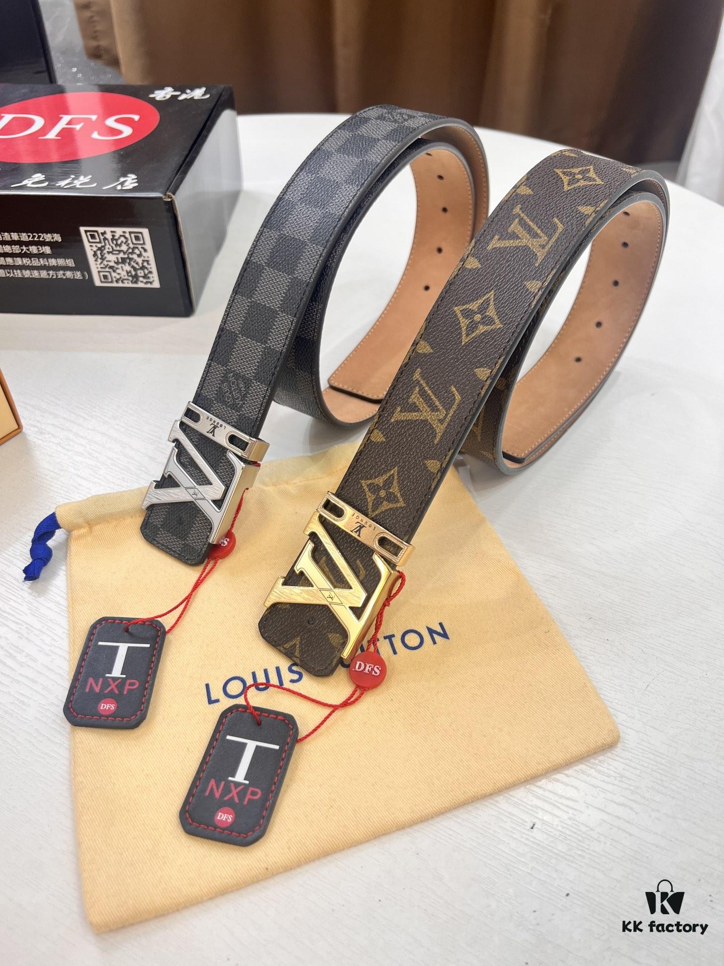 693202c63a89a121ed550bf8 LV Men's Belt, New Arrival, Genuine Cowhide Leather, 3.8cm Width, Sandblasted Finish, Corroded Letter Hardware, Original Imported Plaid Fabric