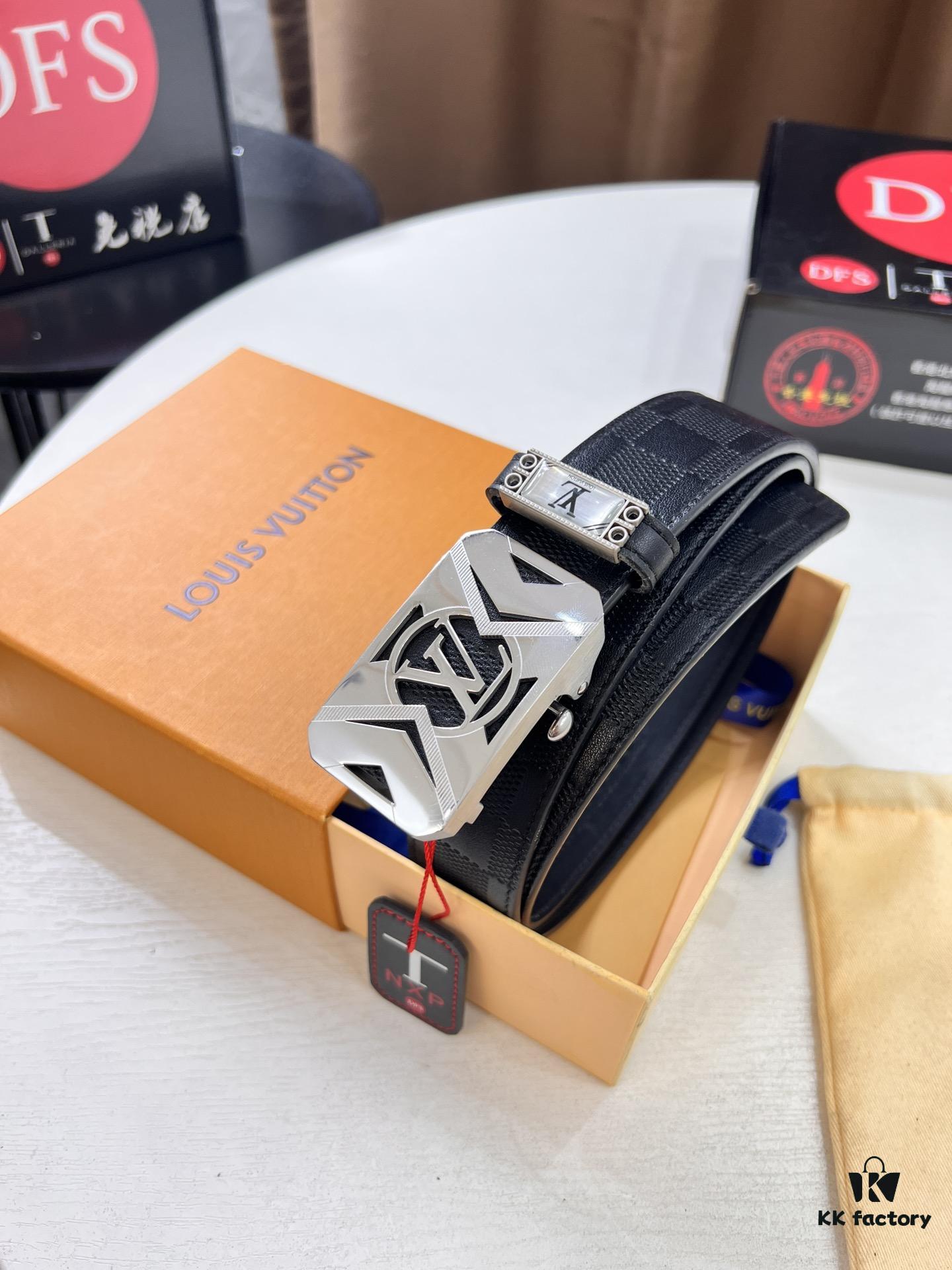 693202ca3a89a121ed550c20 Xiaozhu Recommended Trumpet Trumpet Louis Vuitton Automatic Buckle Belt, Custom Cowhide, Checkered Full-Grain Imported Leather Paired with Fine-Grained Cattle Leather, Top-Quality Business Formal Belt with Soft Automatic Slide Rail Feel