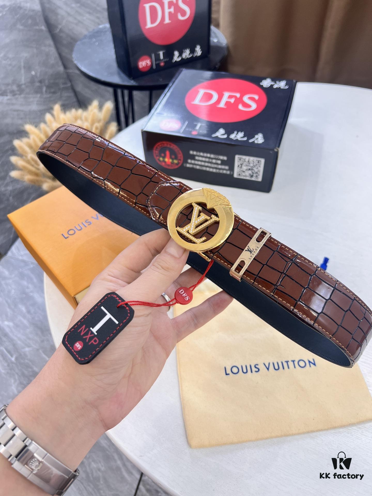 693202cc3a89a121ed550c43 LV Men's Belt, Genuine Crocodile Grain Leather, 4.0cm Width, Imported Cowhide with Steel Buckle, NXP Anti-Counterfeit Chip Packaging