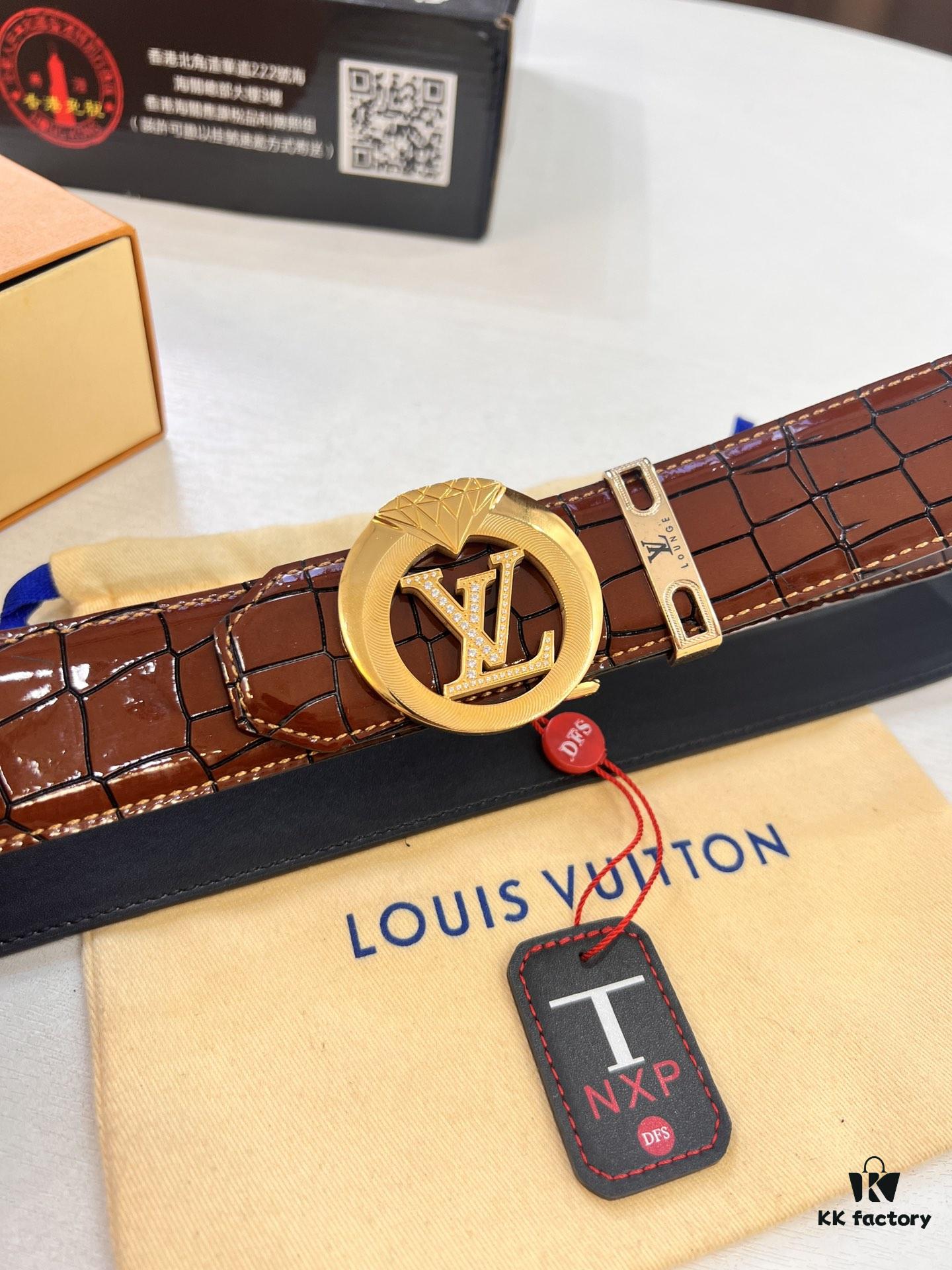 693202cc3a89a121ed550c44 LV Men's Belt, Genuine Crocodile Grain Leather, 4.0cm Width, Imported Cowhide with Steel Buckle, NXP Anti-Counterfeit Chip Packaging