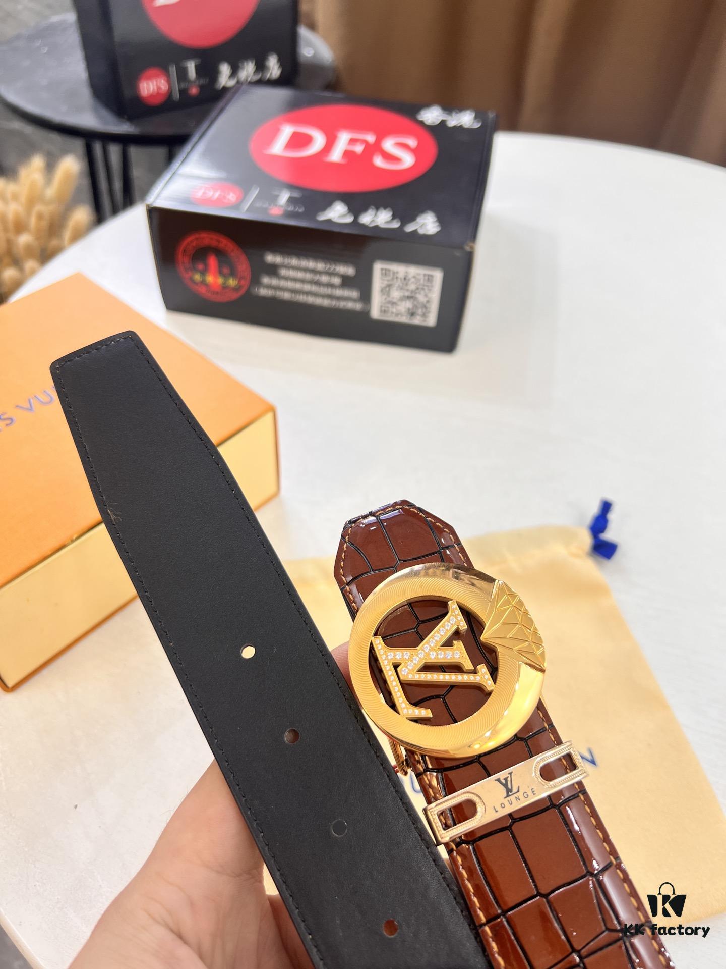 693202cc3a89a121ed550c45 LV Men's Belt, Genuine Crocodile Grain Leather, 4.0cm Width, Imported Cowhide with Steel Buckle, NXP Anti-Counterfeit Chip Packaging